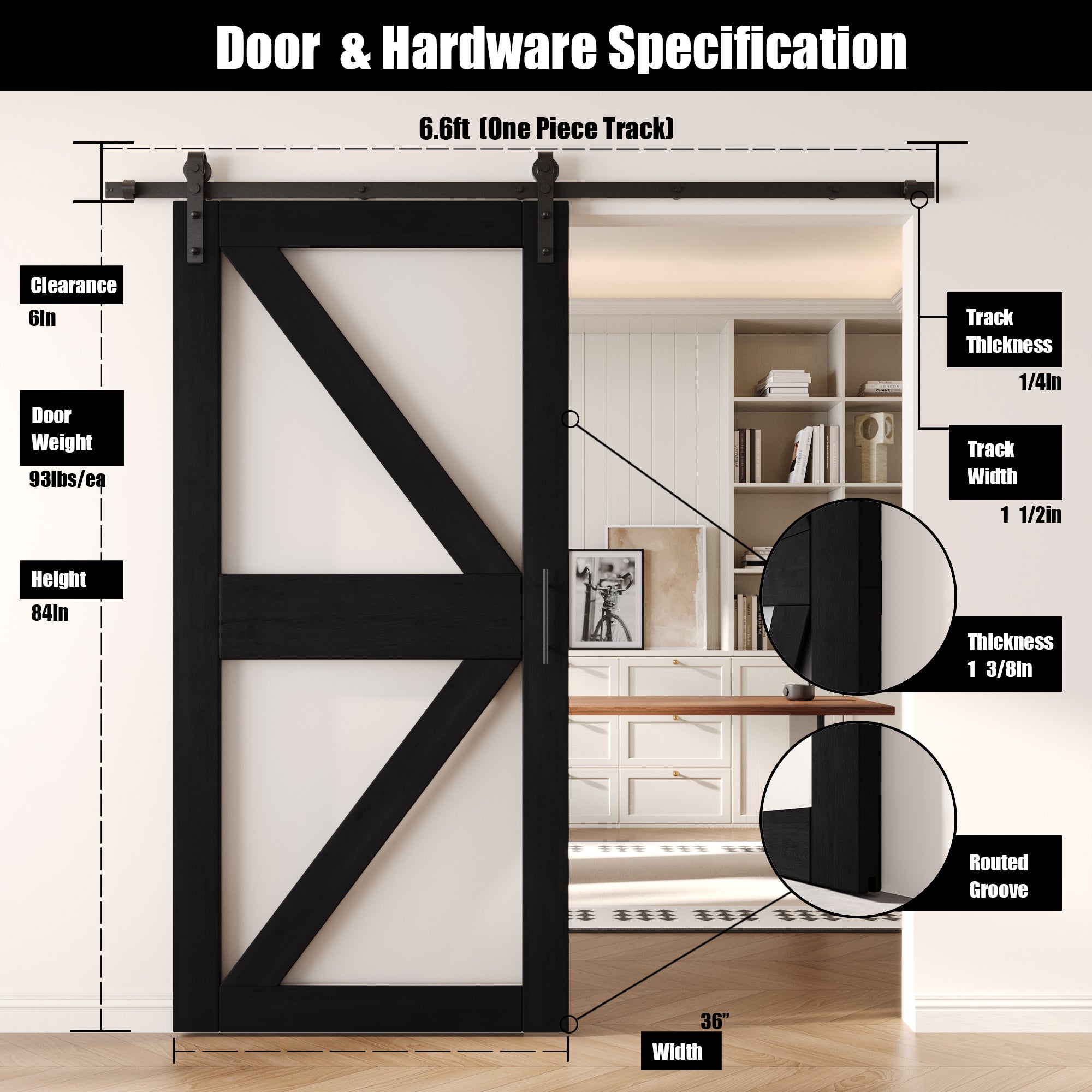 84" Height Black Arrow Pattern Glass Unassembled & Finished Pine Wood Barn Door with Non-Bypass Installation Hardware Kit (Interior Use Only)