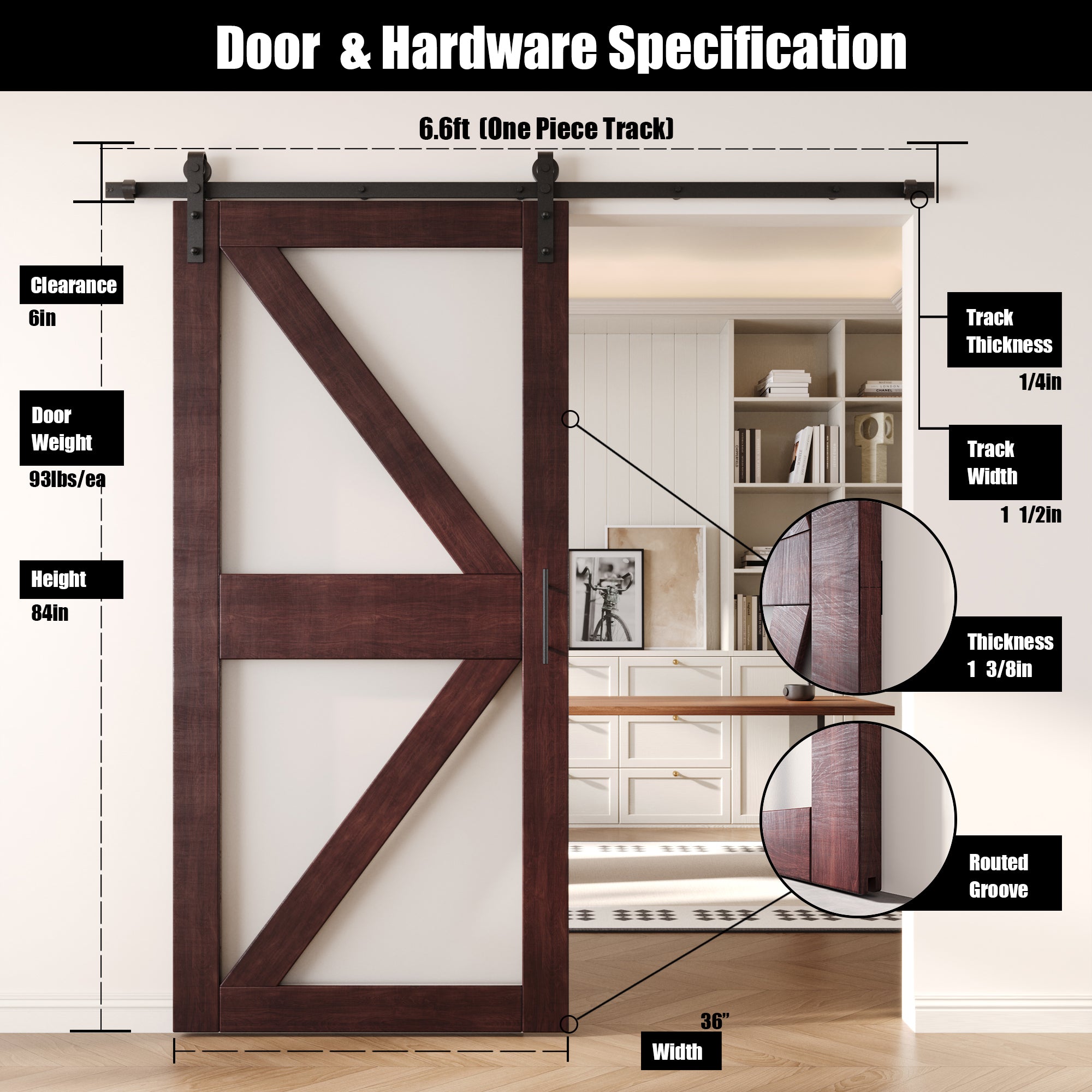 84" Height Red Mahogany Frosted Glass Arrow Design Unassembled & Finished Pine Wood Barn Door with Non-Bypass Installation Hardware Kit (Interior Use Only)