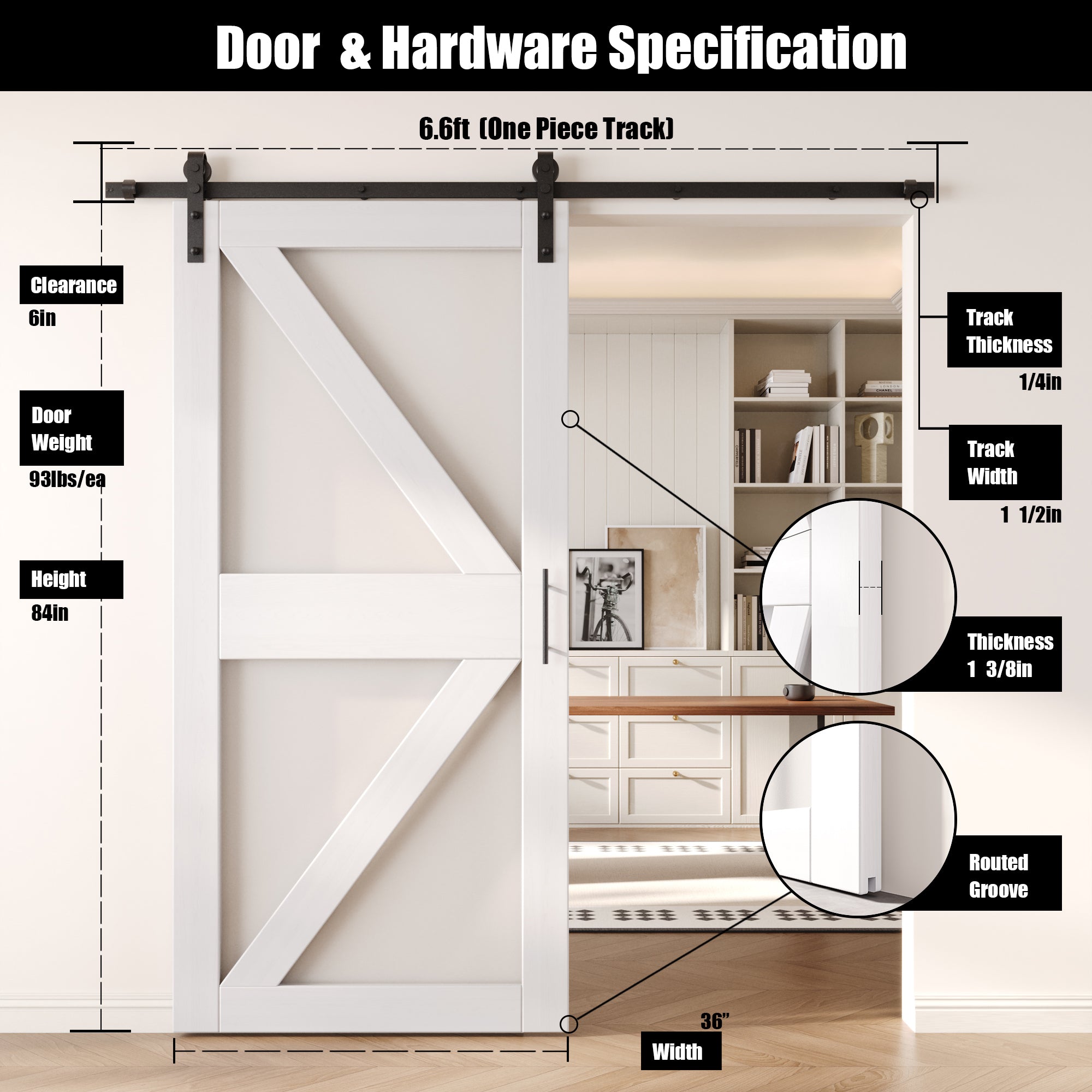 84" Height White Arrow Pattern Glass Unassembled & Finished Pine Wood Barn Door with Non-Bypass Installation Hardware Kit (Interior Use Only)