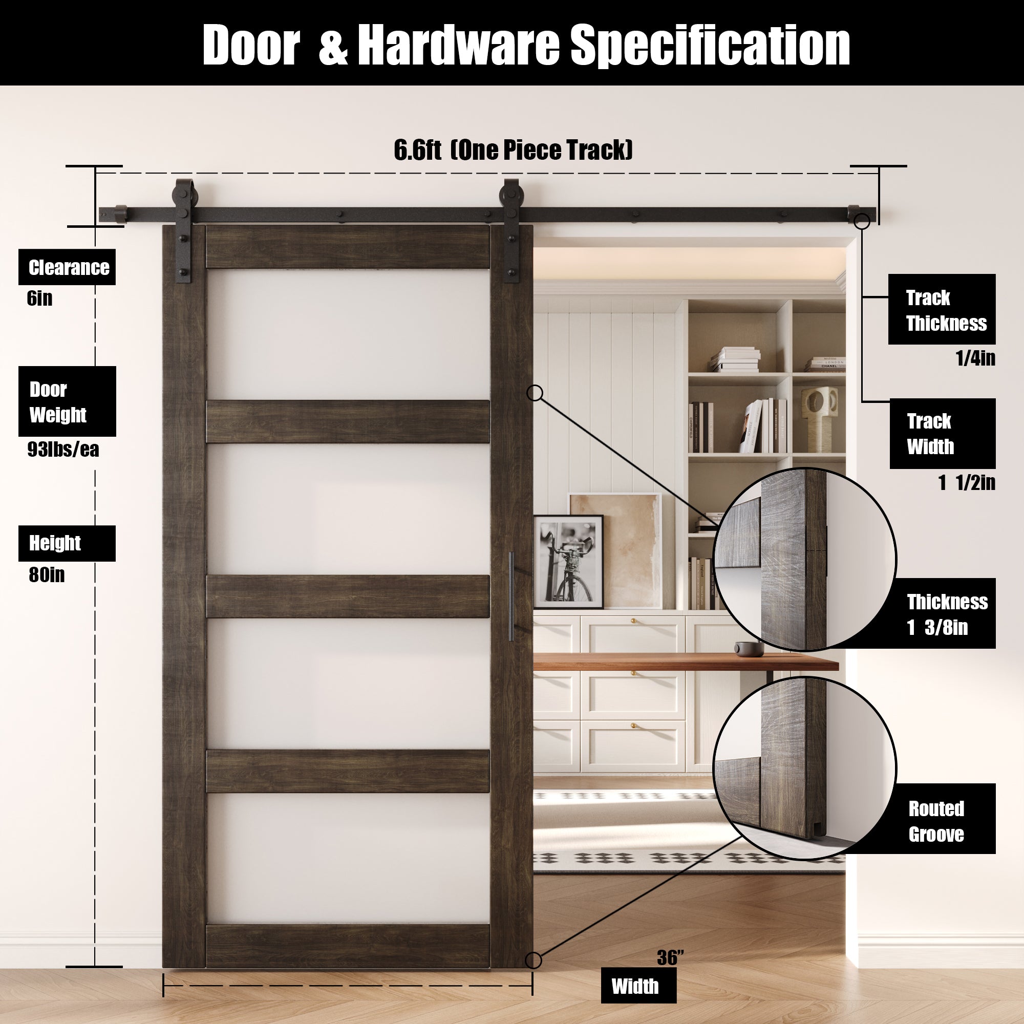 80" Height Ebony 4-Lite Frosted Glass Unassembled & Finished Pine Wood Barn Door with Non-Bypass Installation Hardware Kit (Interior Use Only)