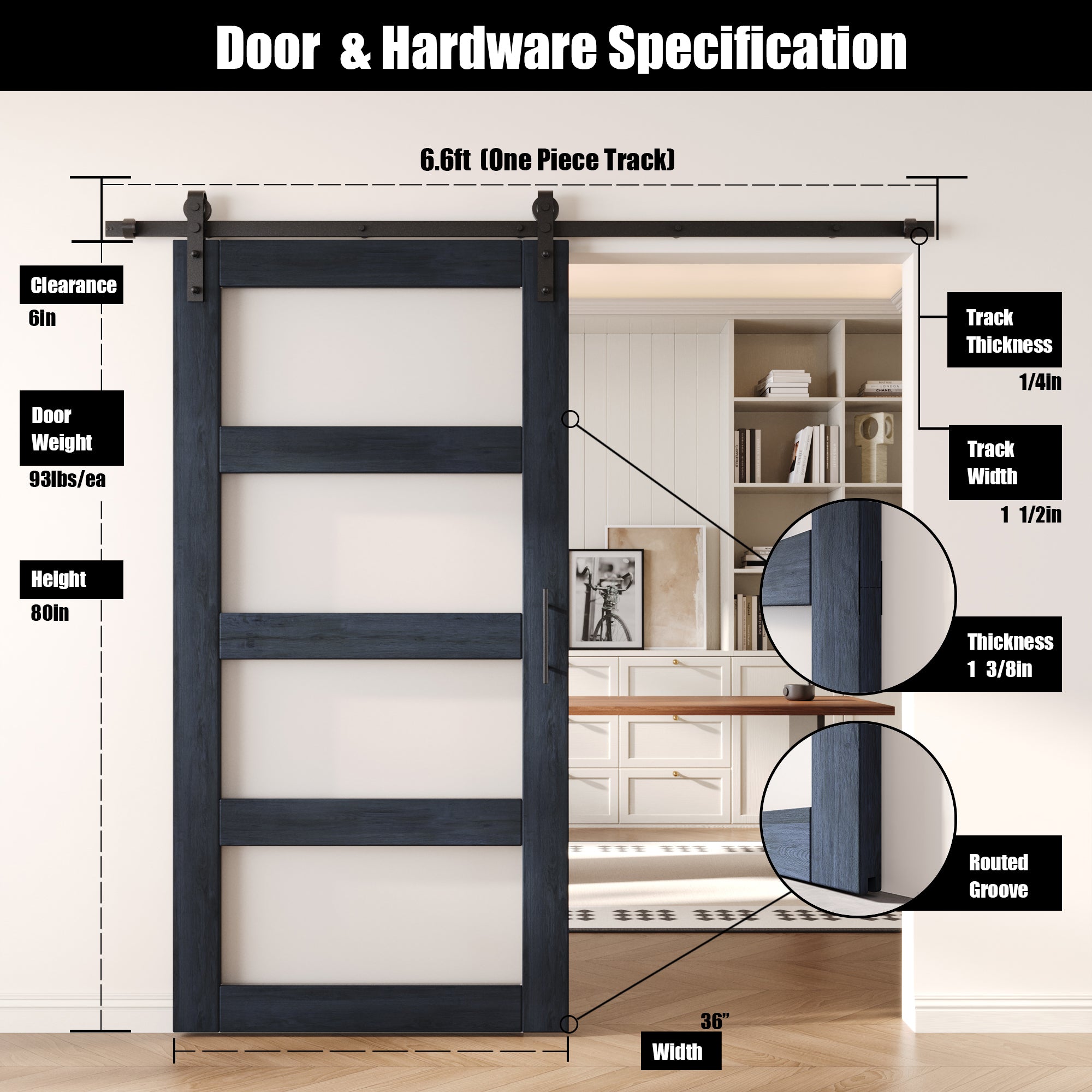 80" Height Navy 4-Lite Frosted Glass Unassembled & Finished Pine Wood Barn Door with Non-Bypass Installation Hardware Kit (Interior Use Only)