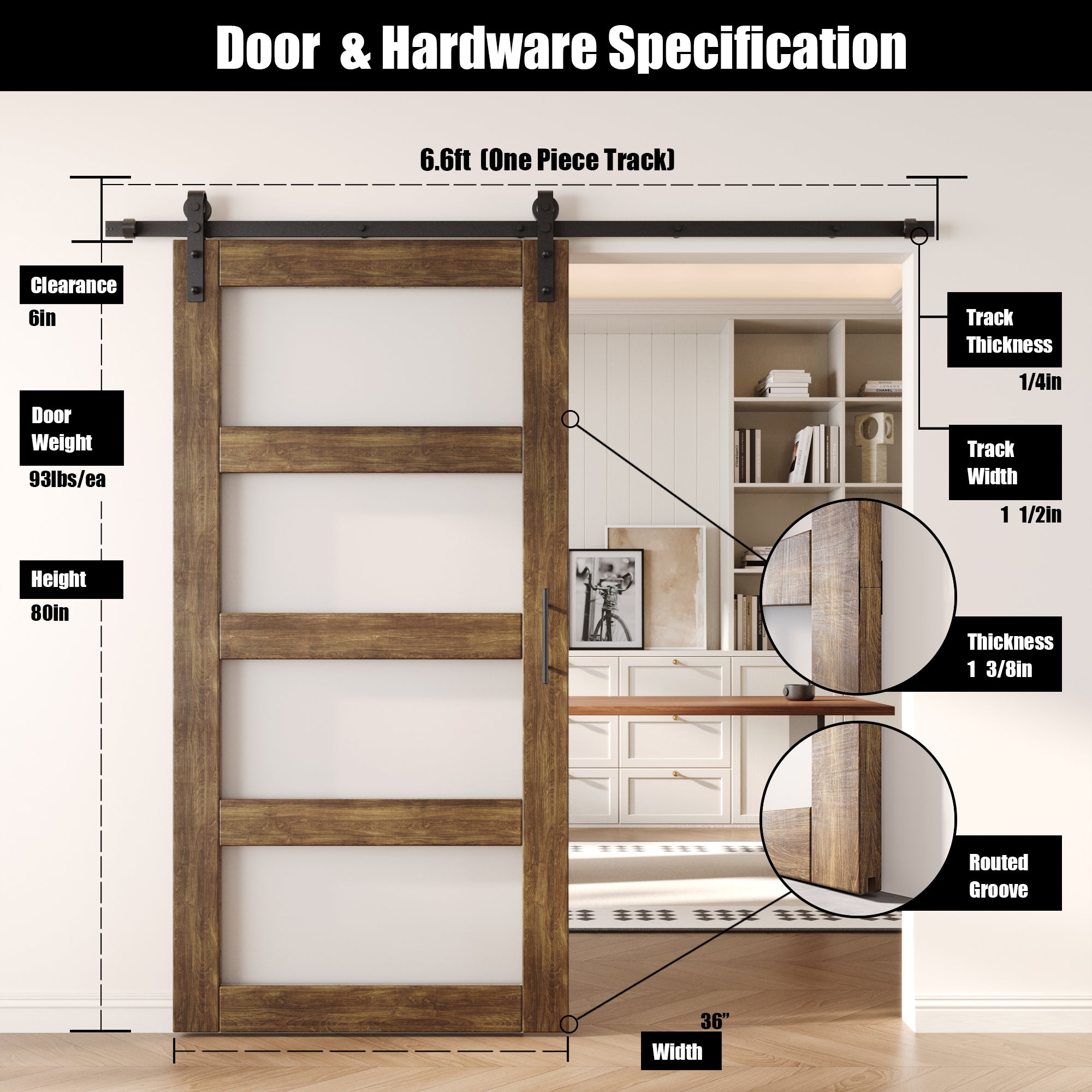 80" Height Dark Walnut 4-Lite Frosted Glass Unassembled & Finished Pine Wood Barn Door with Non-Bypass Installation Hardware Kit (Interior Use Only)