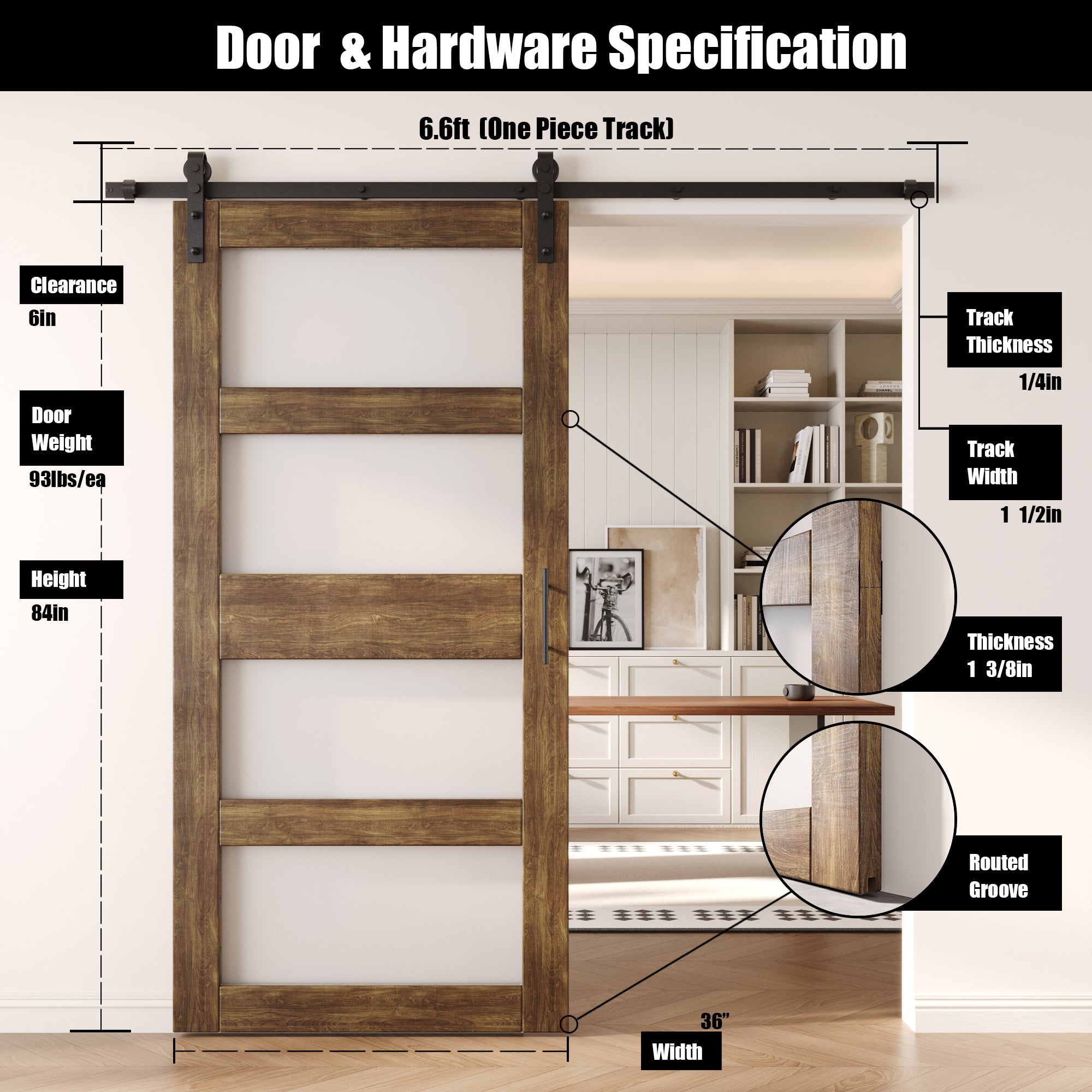 84" Height Dark Walnut 4-Lite Frosted Glass Unassembled & Finished Pine Wood Barn Door with Non-Bypass Installation Hardware Kit (Interior Use Only)