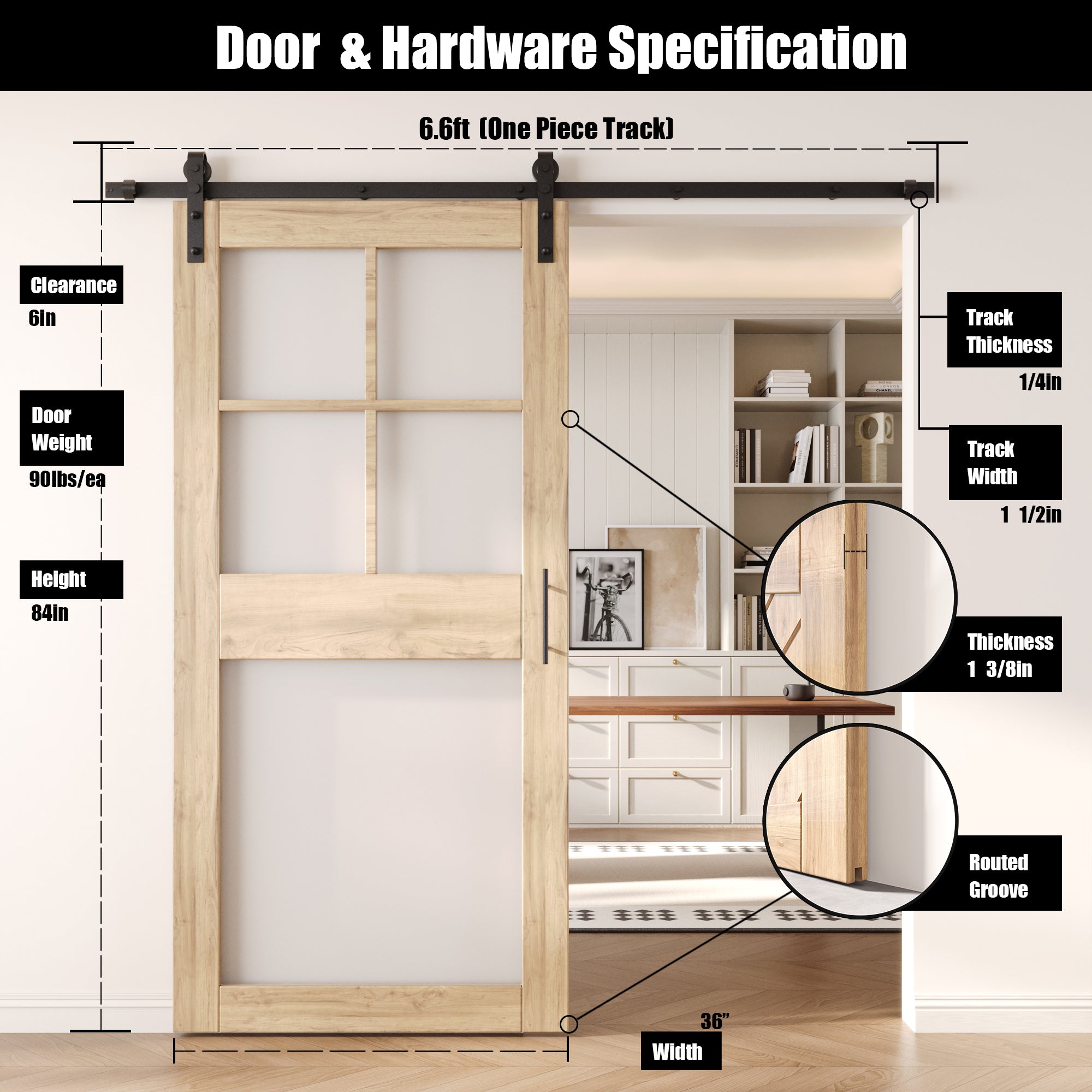 84" Height 5-Lite Frosted Glass Unassembled & Unfinished Pine Wood Barn Door with Non-Bypass Installation Hardware Kit (Interior Use Only)