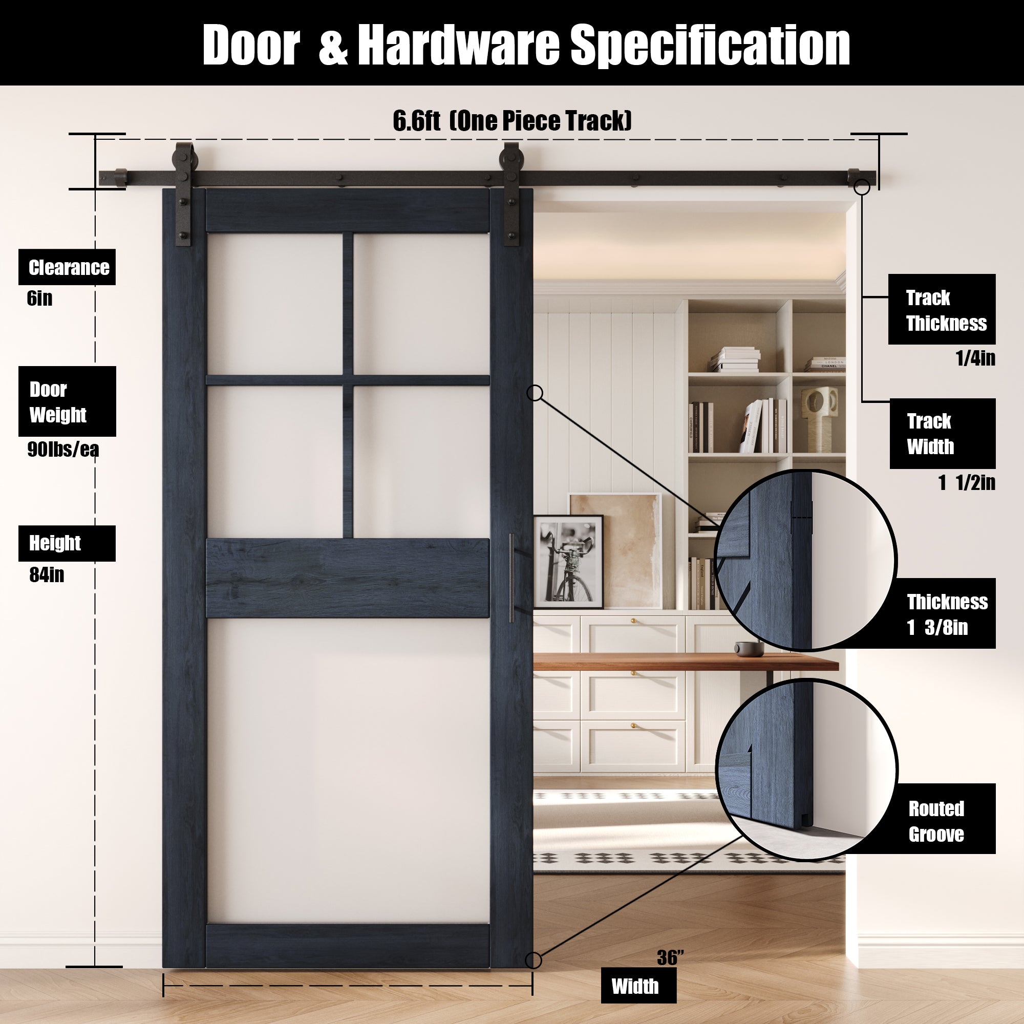 84" Height Navy 5-Lite Frosted Glass Unassembled & Finished Pine Wood Barn Door with Non-Bypass Installation Hardware Kit (Interior Use Only)