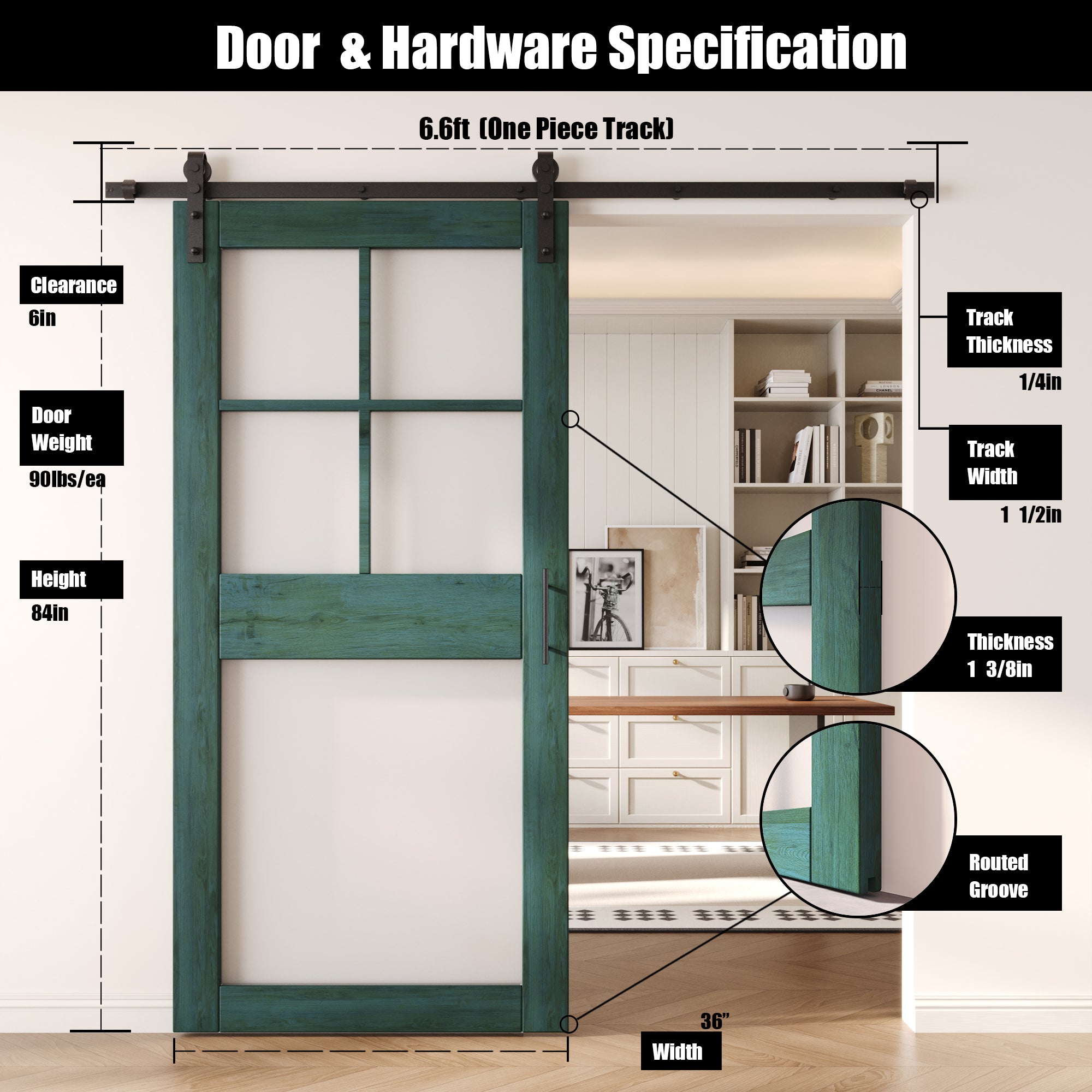 84" Height Royal Pine 5-Lite Frosted Glass Unassembled & Finished Pine Wood Barn Door with Non-Bypass Installation Hardware Kit (Interior Use Only)