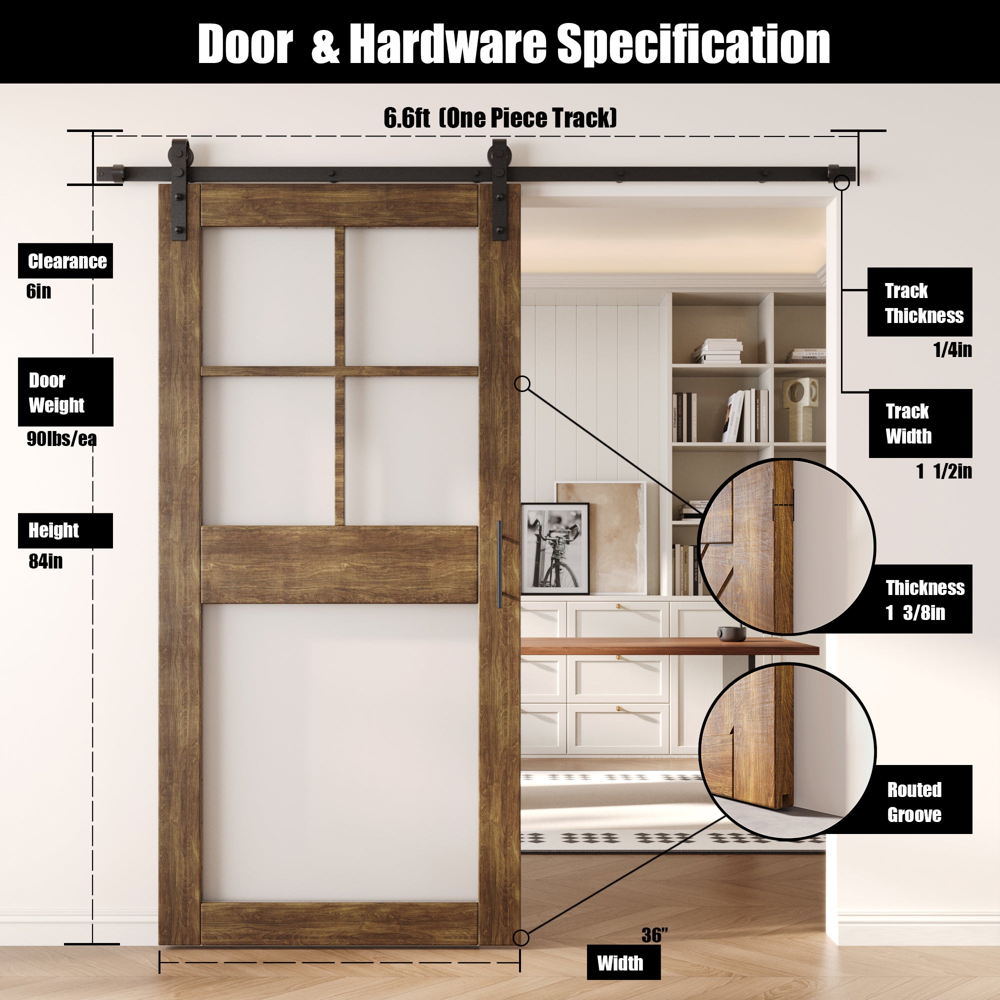 84" Height Dark Walnut 5-Lite Frosted Glass Unassembled & Finished Pine Wood Barn Door with Non-Bypass Installation Hardware Kit (Interior Use Only)