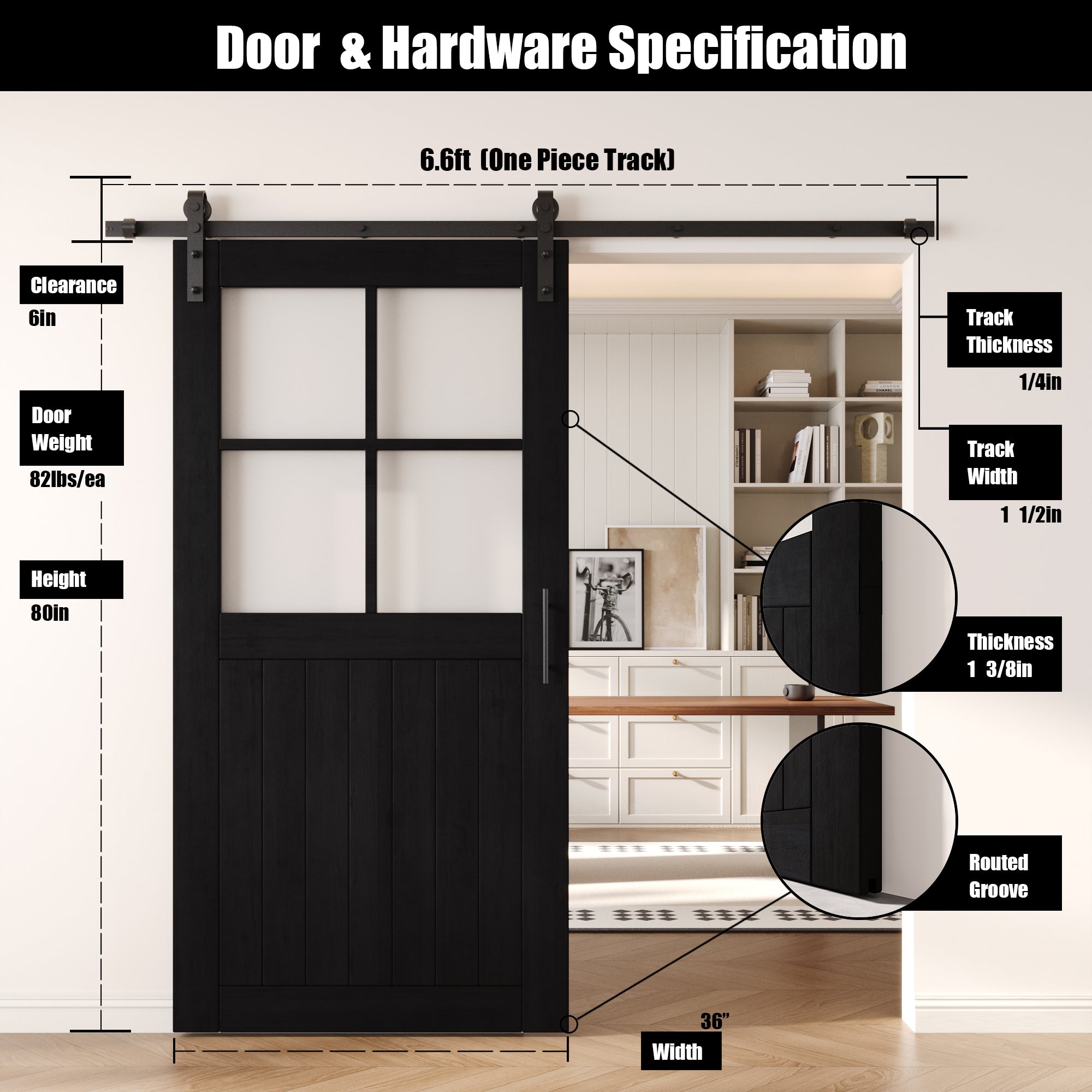 80" Height Black Half Lite Grid Glass Unassembled & Finished Pine Wood Barn Door with Non-Bypass Installation Hardware Kit (Interior Use Only)