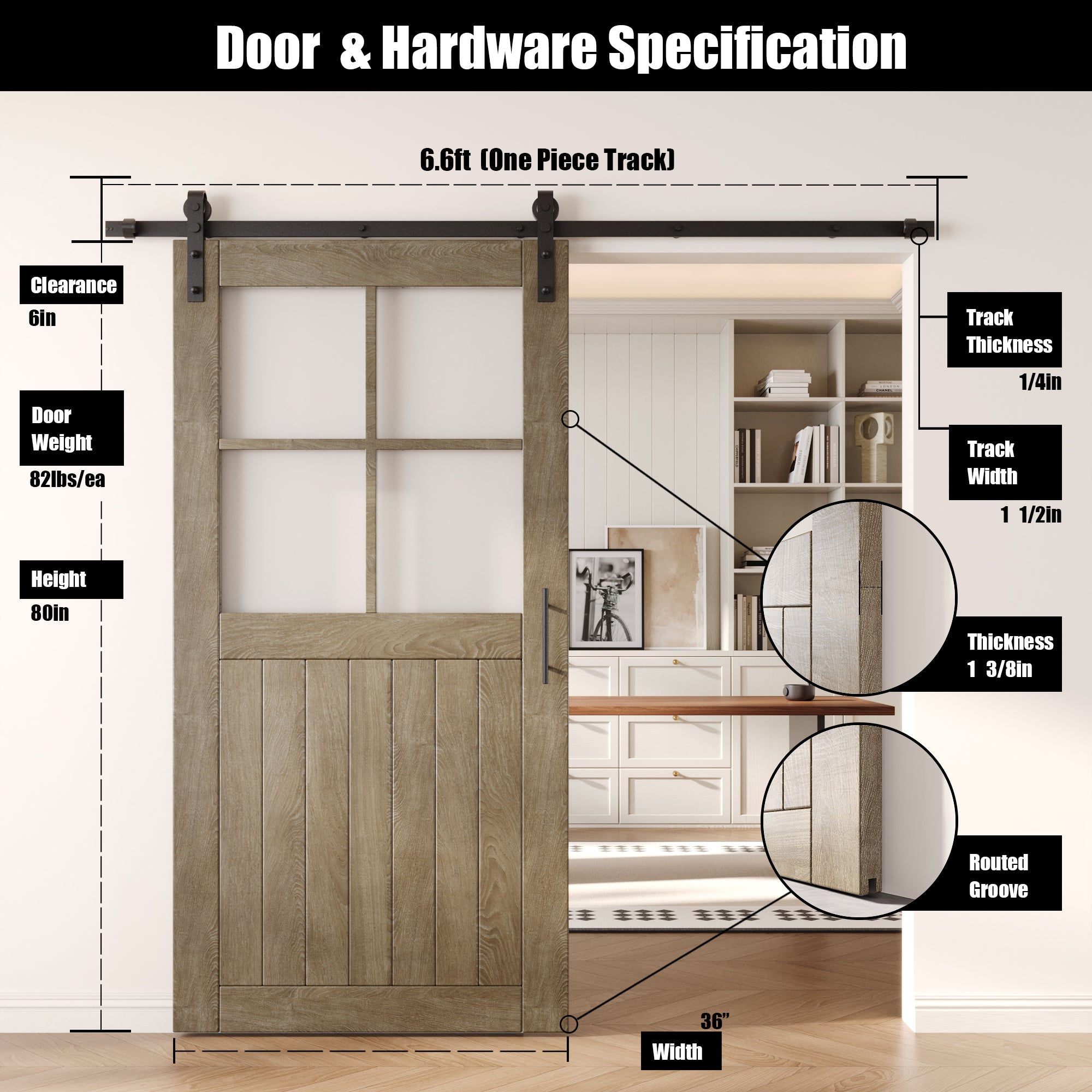 80" Height Classic Gray Half Lite Grid Glass Unassembled & Finished Pine Wood Barn Door with Non-Bypass Installation Hardware Kit (Interior Use Only)