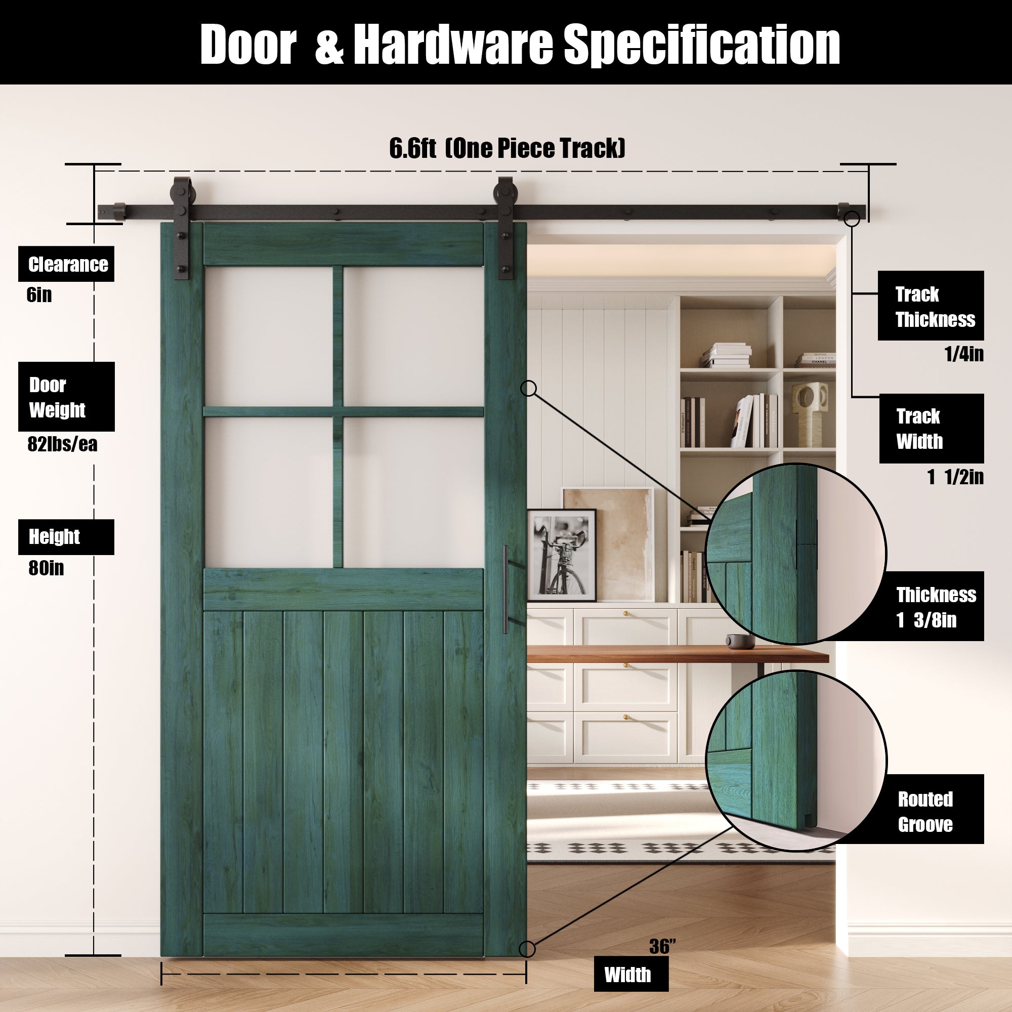 80" Height Royal Pine Half Lite Grid Glass Unassembled & Finished Pine Wood Barn Door with Non-Bypass Installation Hardware Kit (Interior Use Only)
