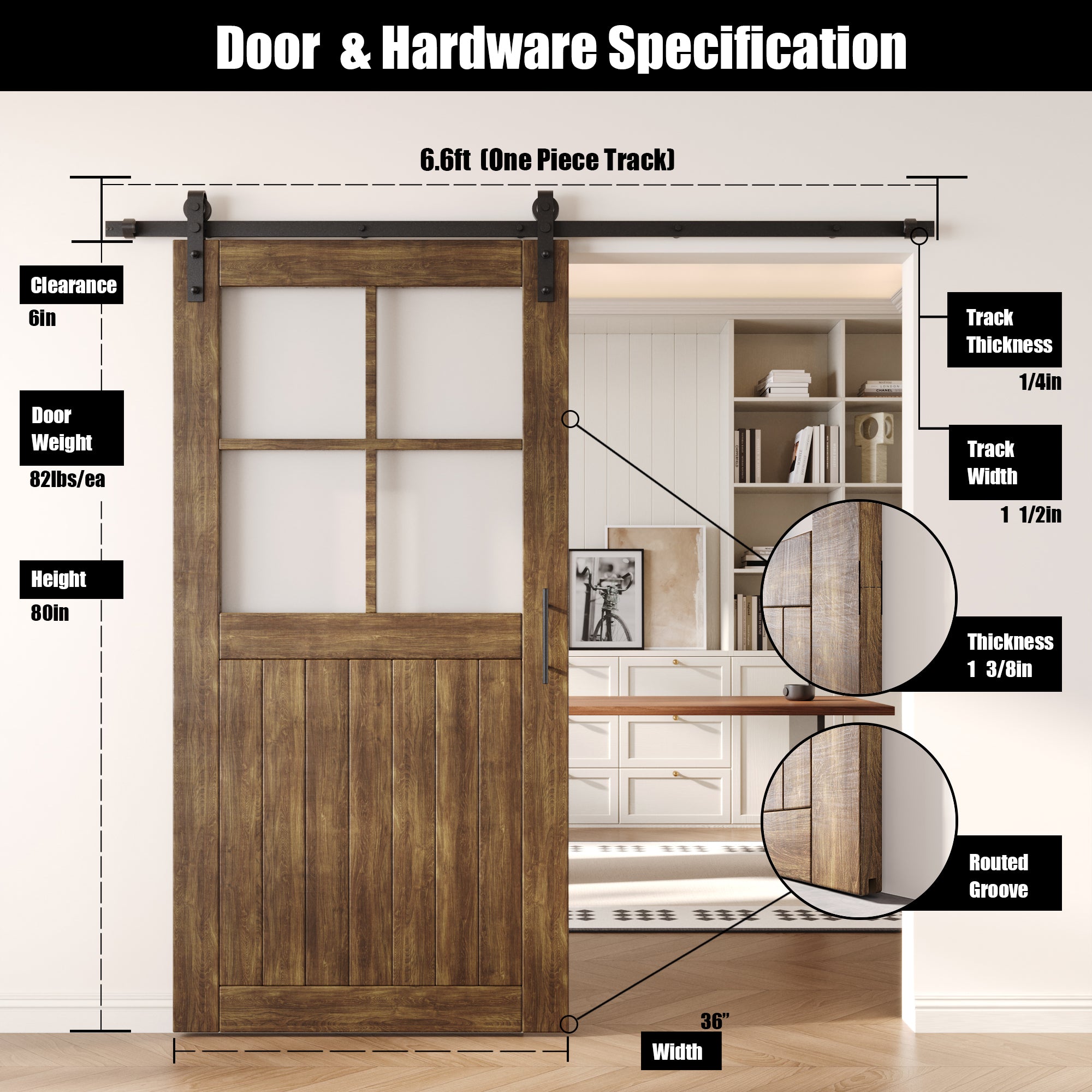 80" Height Dark Walnut Half Lite Grid Glass Unassembled & Finished Pine Wood Barn Door with Non-Bypass Installation Hardware Kit (Interior Use Only)