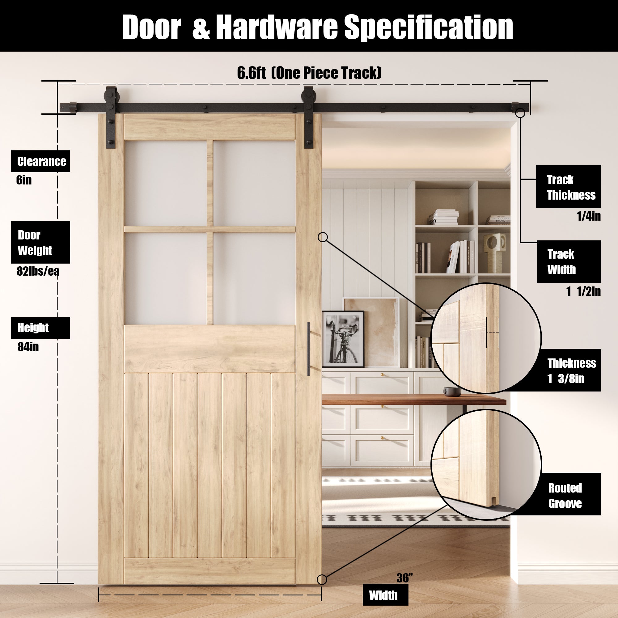84" Height Half Lite Grid Glass Unassembled & Unfinished Pine Wood Barn Door with Non-Bypass Installation Hardware Kit (Interior Use Only)