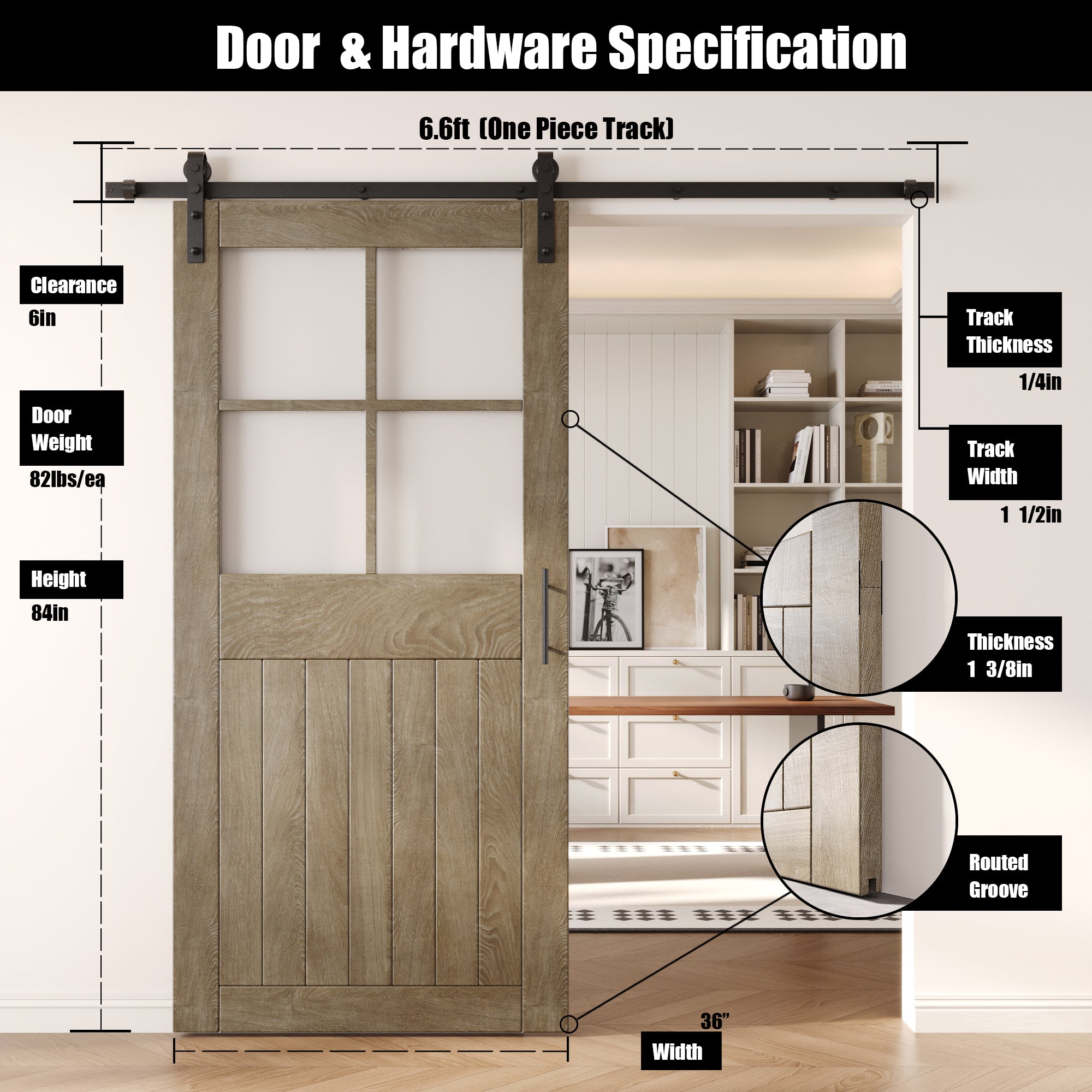 84" Height Classic Gray Half Lite Grid Glass Unassembled & Finished Pine Wood Barn Door with Non-Bypass Installation Hardware Kit (Interior Use Only)