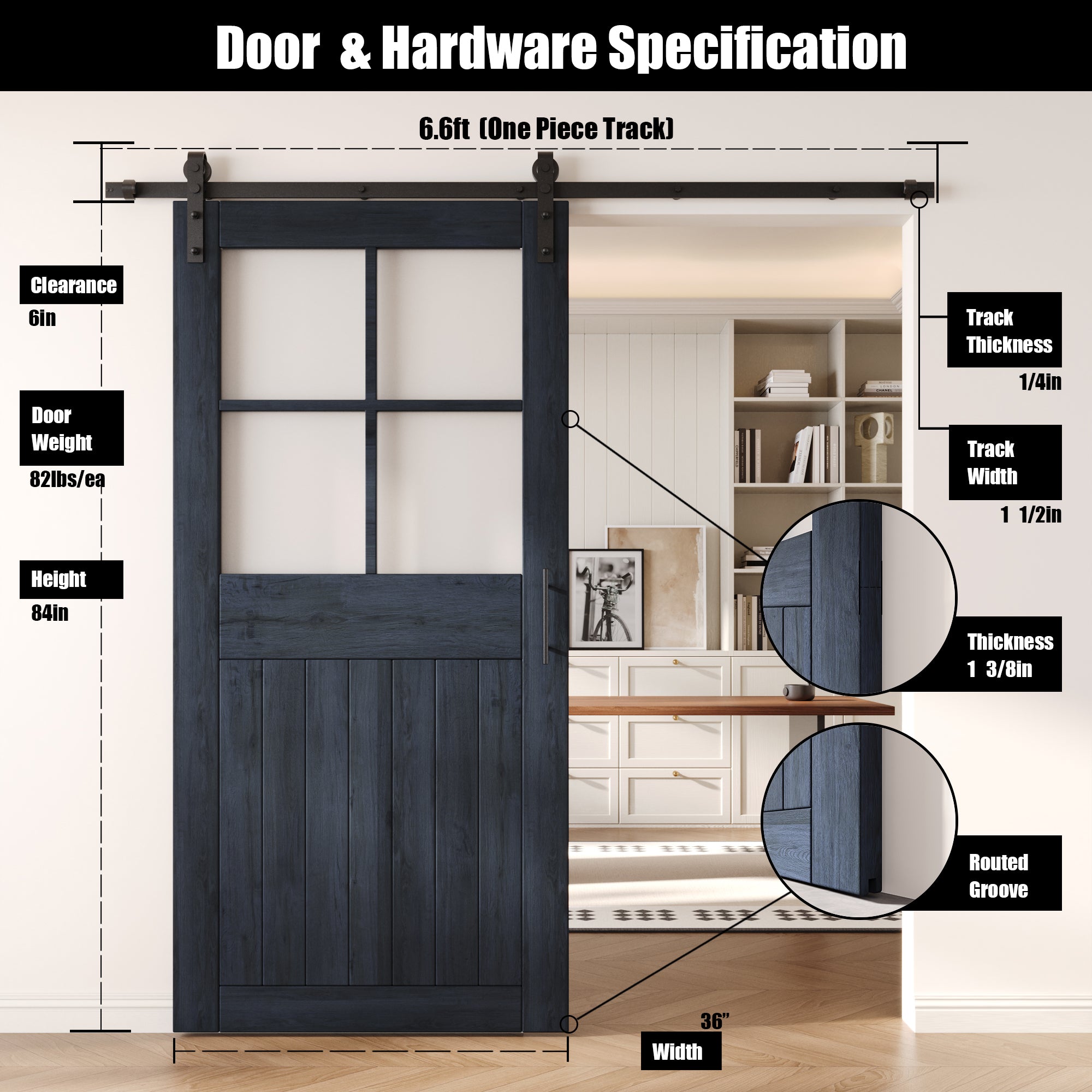 84" Height Navy Half Lite Grid Glass Unassembled & Finished Pine Wood Barn Door with Non-Bypass Installation Hardware Kit (Interior Use Only)