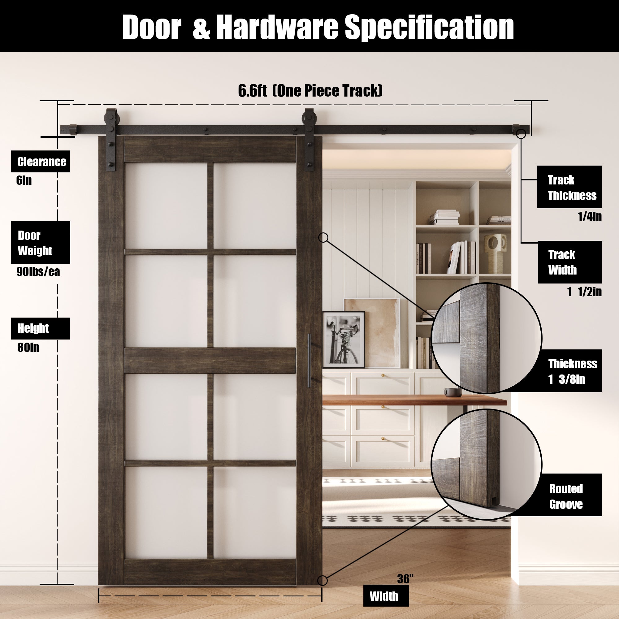 80" Height Ebony 8-Lite Frosted Glass Unassembled & Finished Pine Wood Barn Door with Non-Bypass Installation Hardware Kit (Interior Use Only)