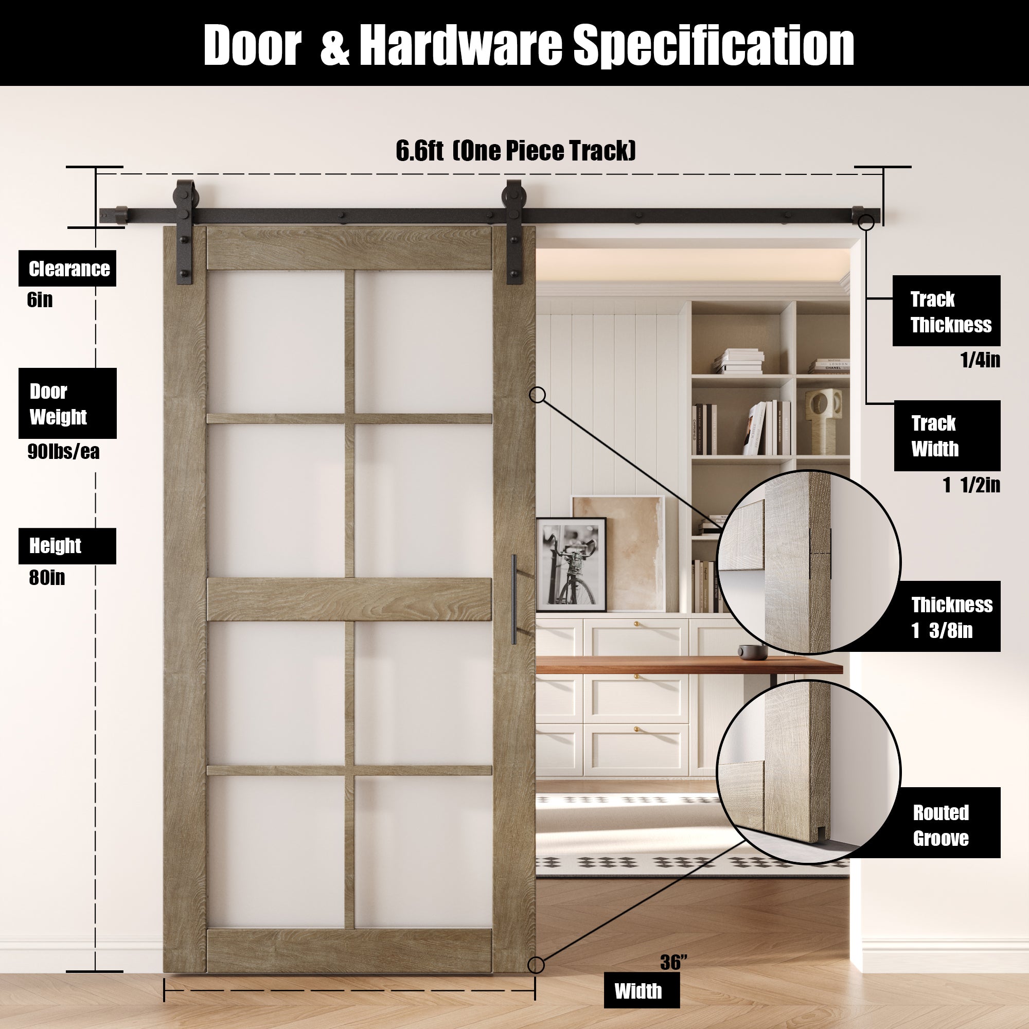 80" Height Classic Gray 8-Lite Frosted Glass Unassembled & Finished Pine Wood Barn Door with Non-Bypass Installation Hardware Kit (Interior Use Only)