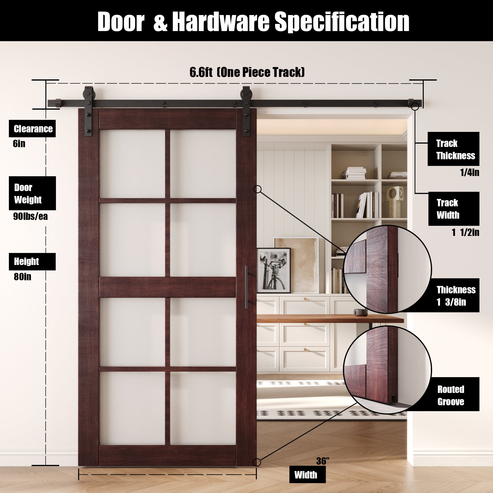 80" Height Red Mahogany 8-Lite Frosted Glass Unassembled & Finished Pine Wood Barn Door with Non-Bypass Installation Hardware Kit (Interior Use Only)