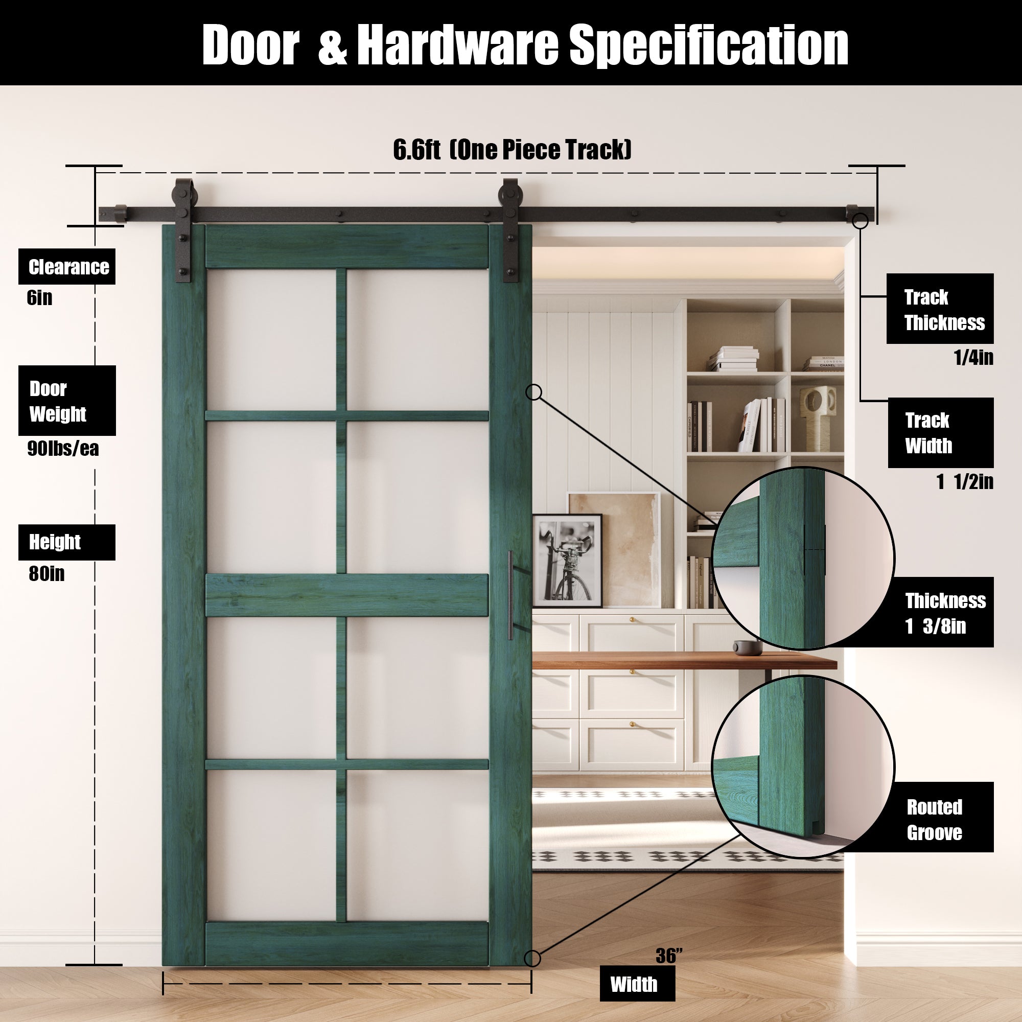 80" Height Royal Pine 8-Lite Frosted Glass Unassembled & Finished Pine Wood Barn Door with Non-Bypass Installation Hardware Kit (Interior Use Only)