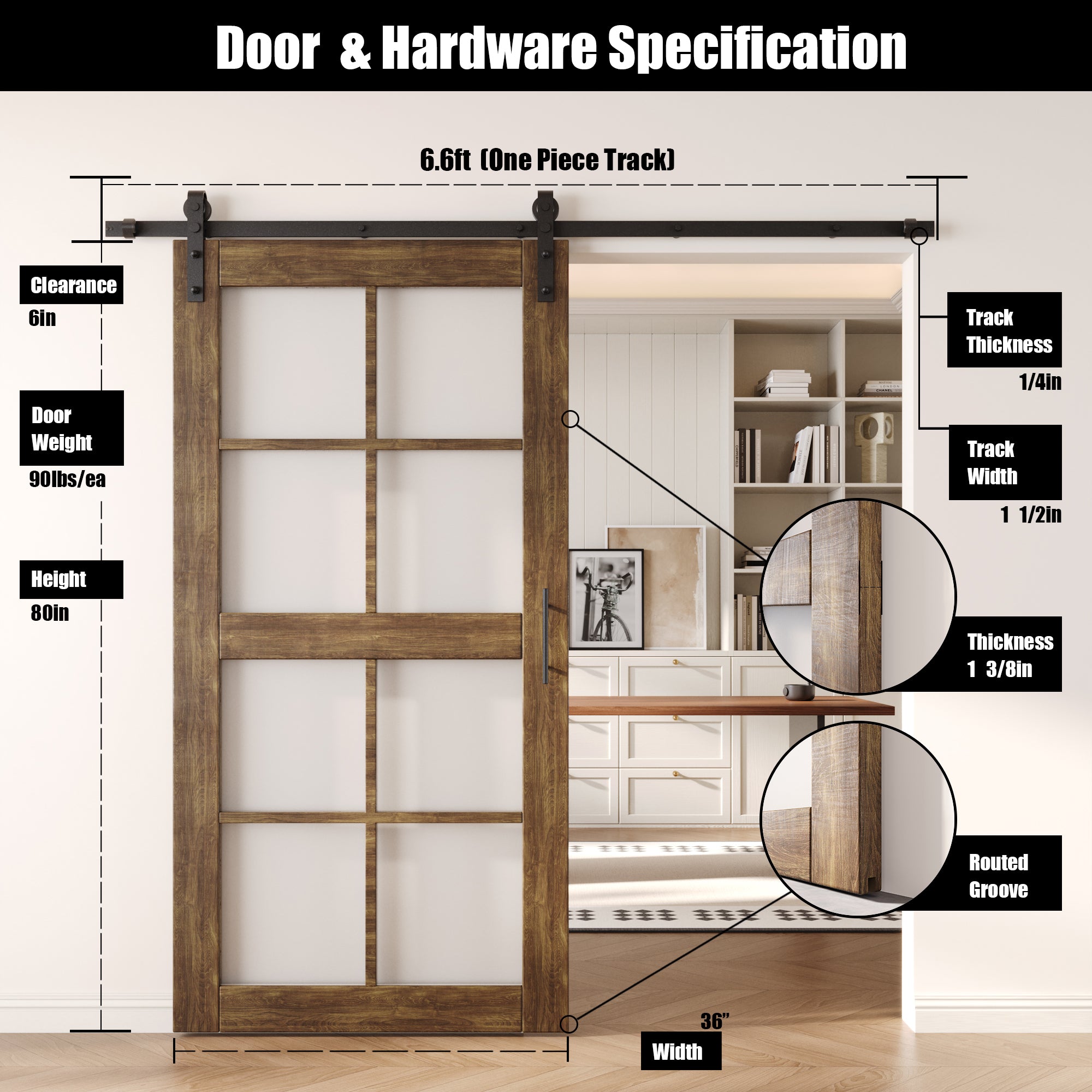 80" Height Dark Walnut 8-Lite Frosted Glass Unassembled & Finished Pine Wood Barn Door with Non-Bypass Installation Hardware Kit (Interior Use Only)