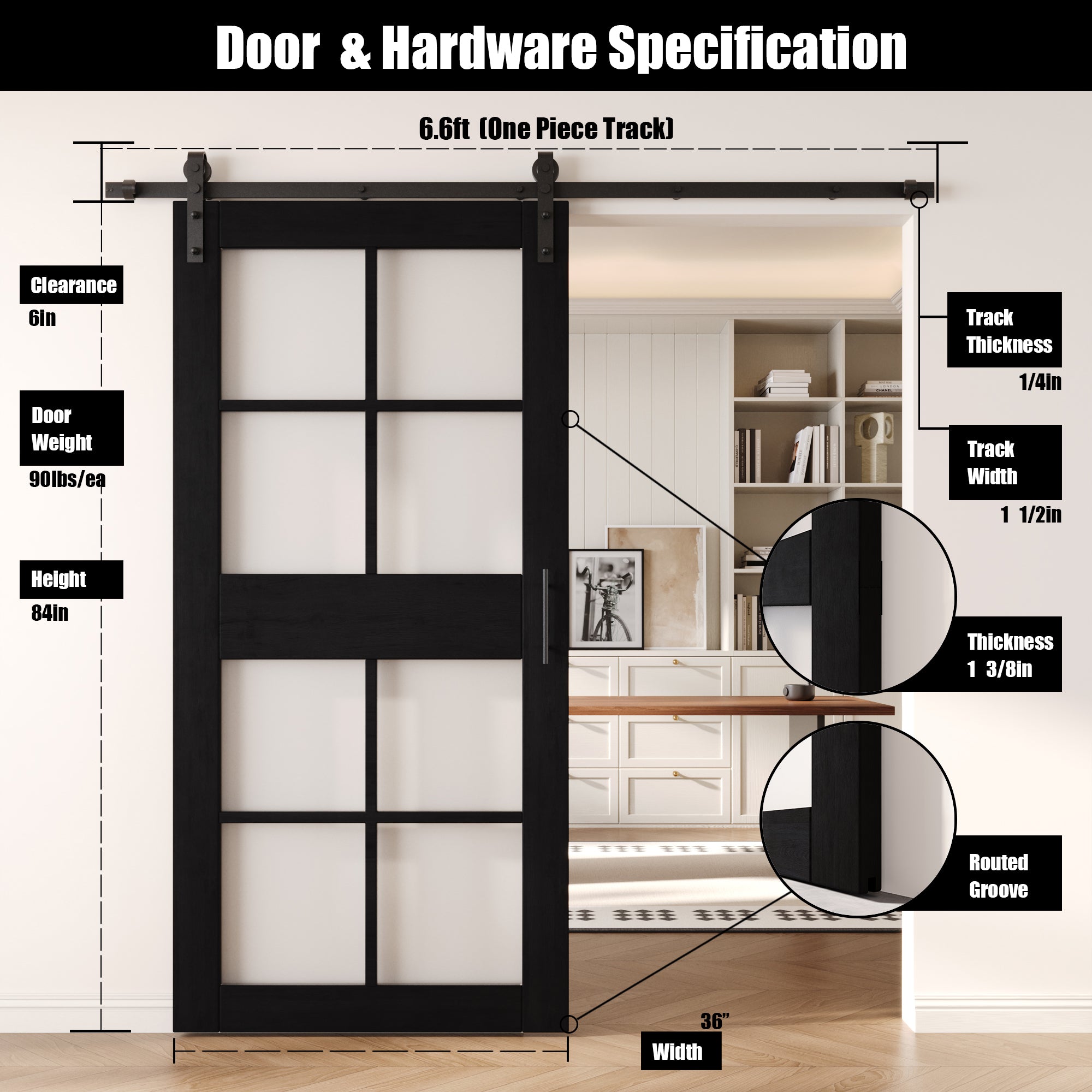 84" Height Black 8-Lite Frosted Glass Unassembled & Finished Pine Wood Barn Door with Non-Bypass Installation Hardware Kit (Interior Use Only)