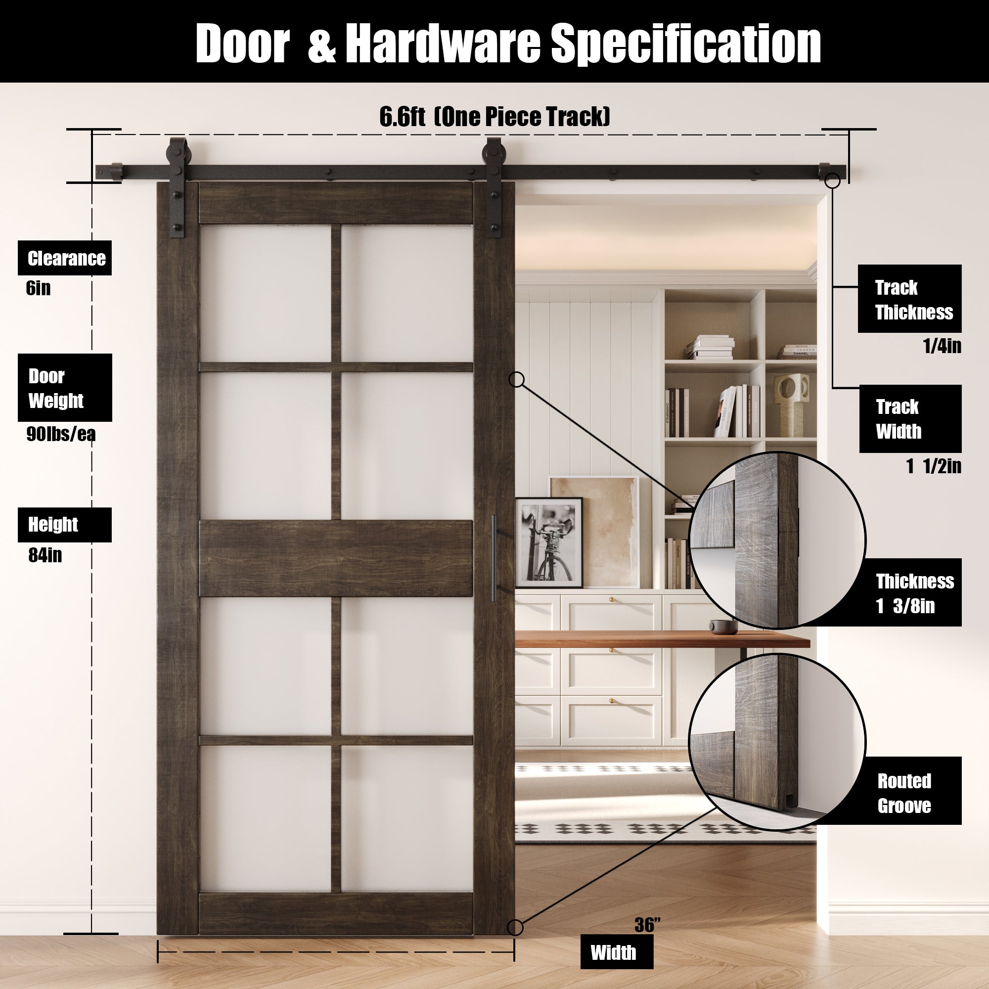 84" Height Ebony 8-Lite Frosted Glass Unassembled & Finished Pine Wood Barn Door with Non-Bypass Installation Hardware Kit (Interior Use Only)