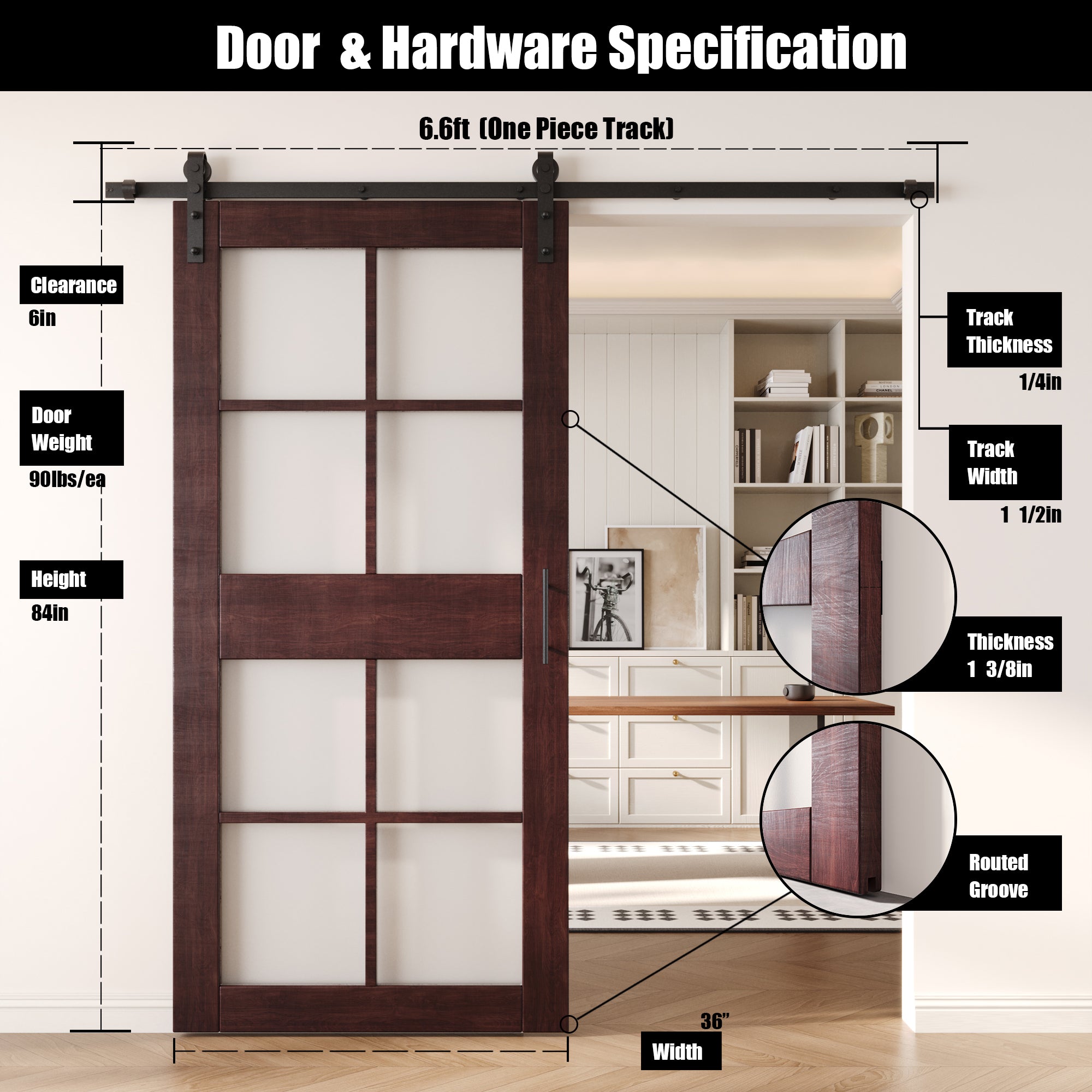 84" Height Red Mahogany 8-Lite Frosted Glass Unassembled & Finished Pine Wood Barn Door with Non-Bypass Installation Hardware Kit (Interior Use Only)