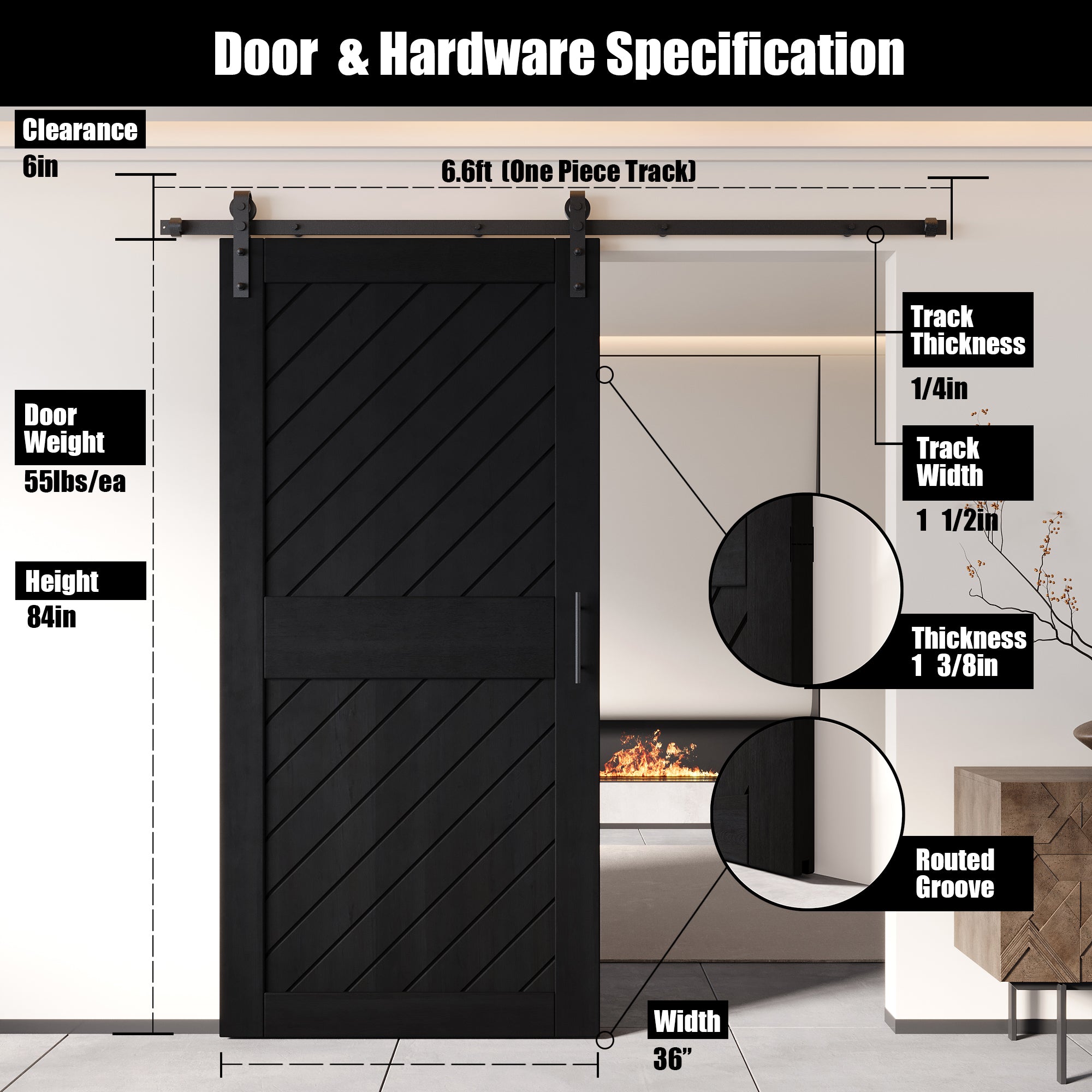 84" Height Black Slanted Stripe Design Unassembled & Finished Pine Wood Barn Door with Non-Bypass Installation Hardware Kit(Interior Use Only)
