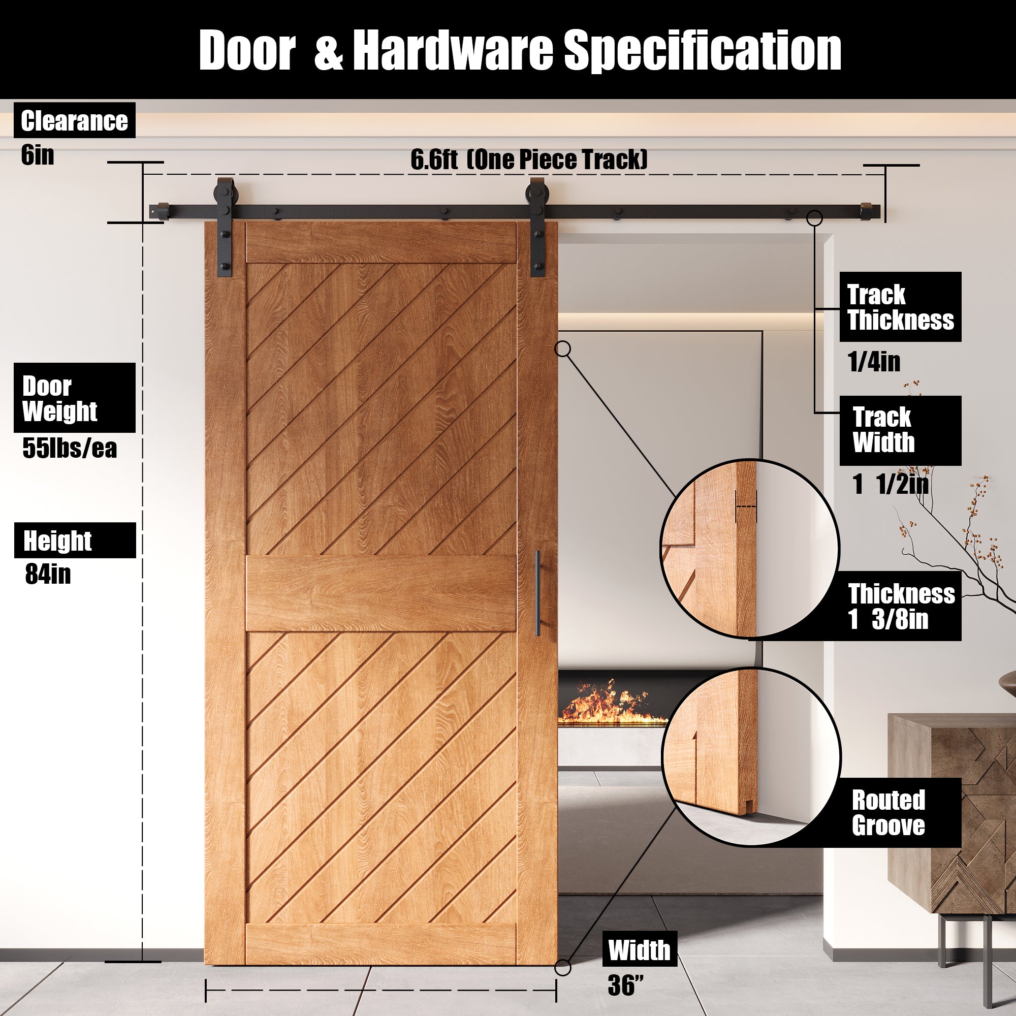 early american slanted stripe pine barn door, 84-inch, finished