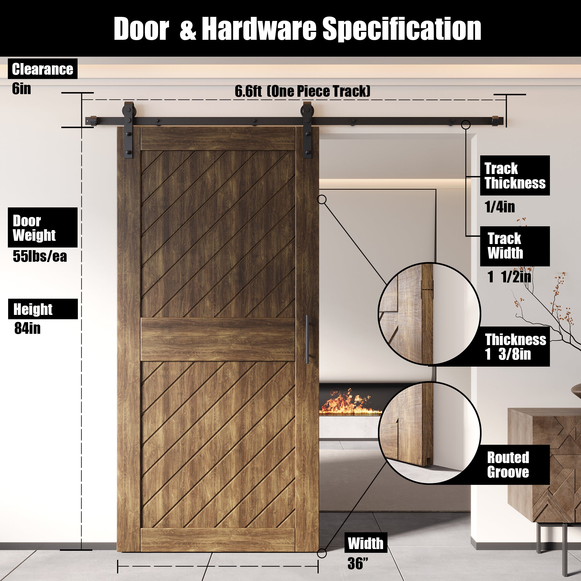 dark walnut slanted stripe pine barn door, 84-inch, finished