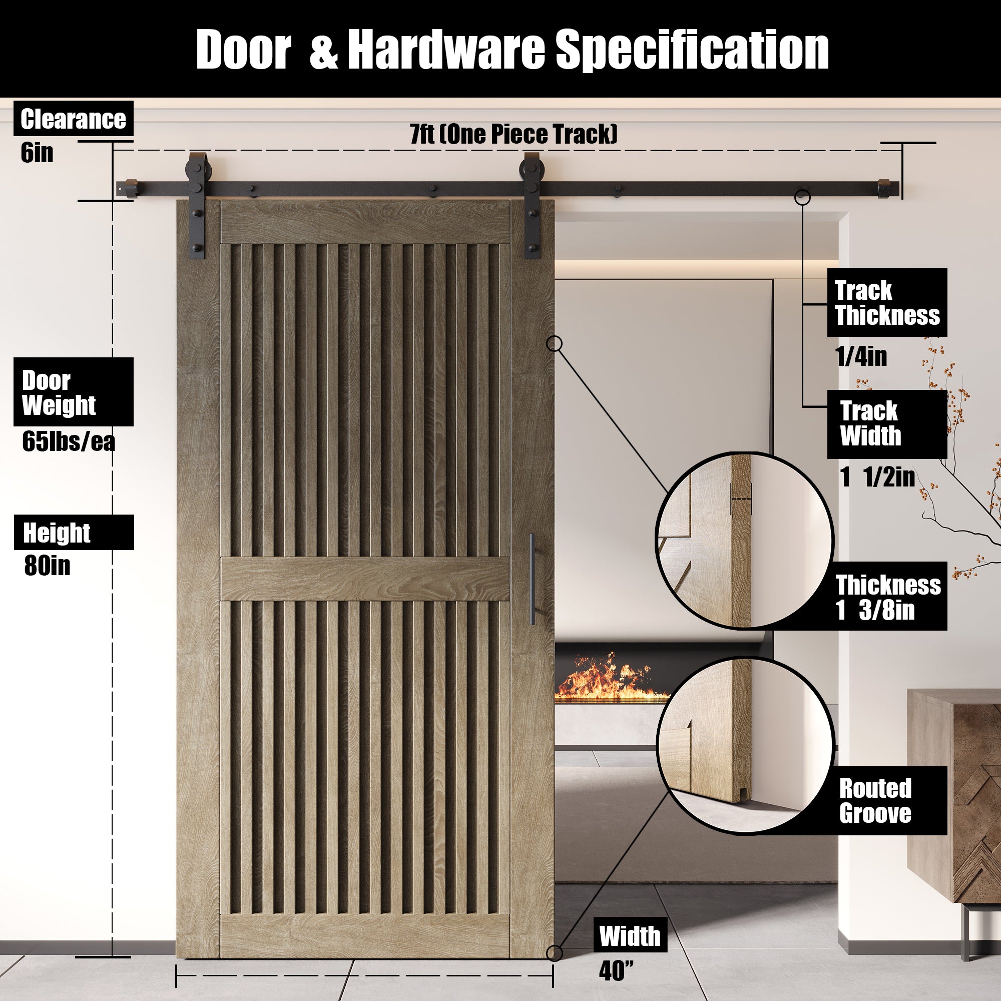 80" Height Classic Gray Vertical Stripe Design Unassembled & Finished Pine Wood Barn Door with Non-Bypass Installation Hardware Kit(Interior Use Only)