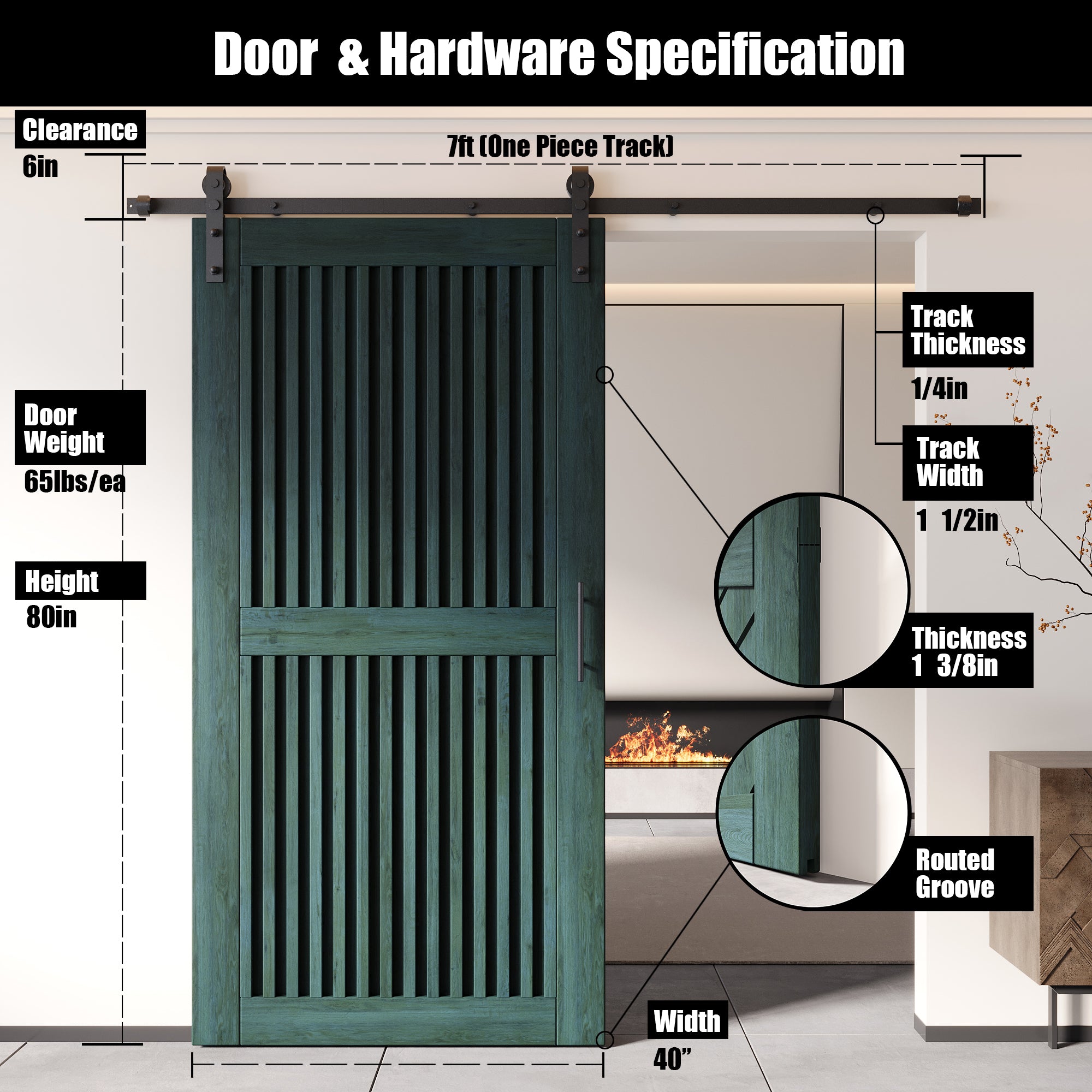80" Height Royal Pine Vertical Stripe Design Unassembled & Finished Pine Wood Barn Door with Non-Bypass Installation Hardware Kit(Interior Use Only)