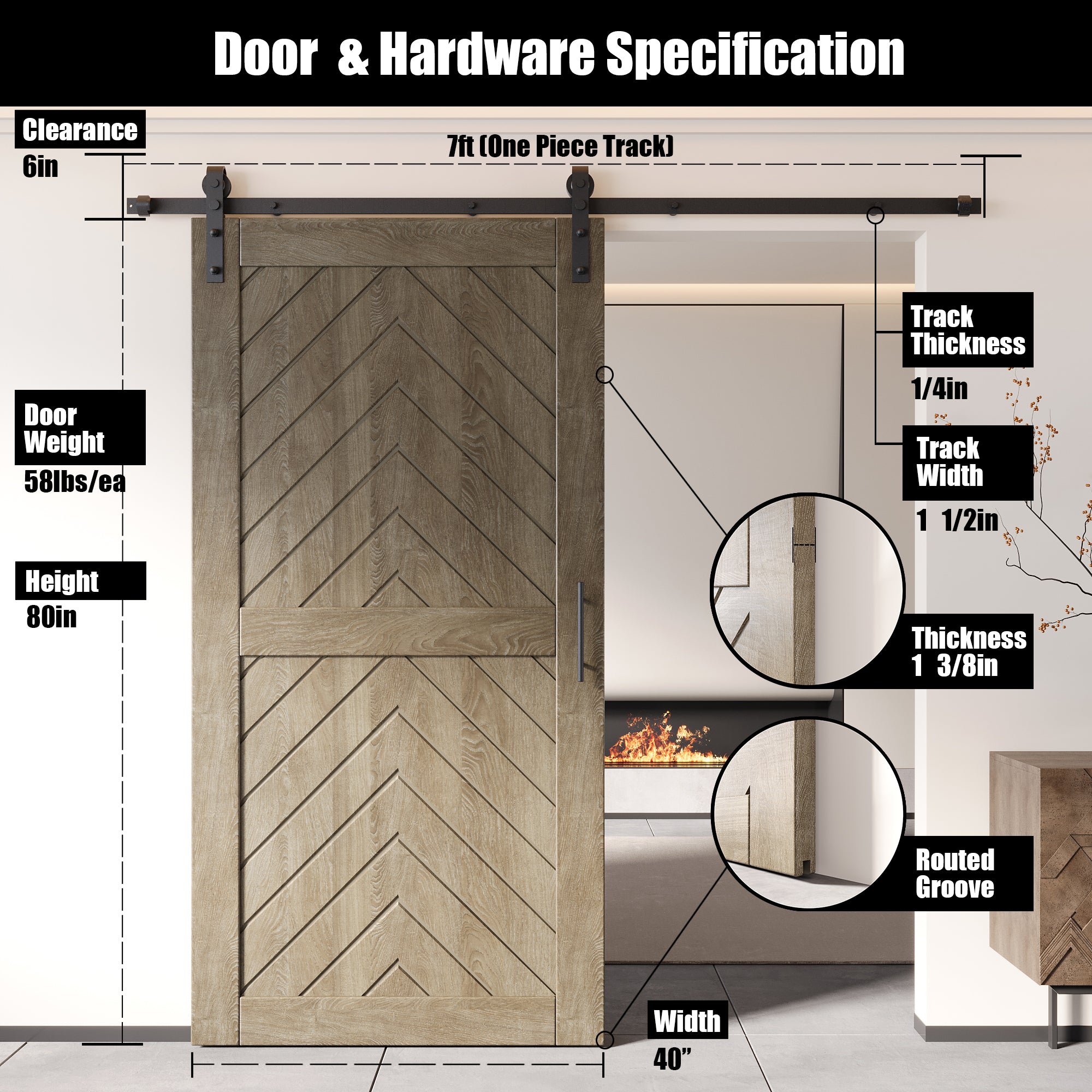 80" Height Classic Gray Fishbone Design Unassembled & Finished Pine Wood Barn Door with Non-Bypass Installation Hardware Kit(Interior Use Only)