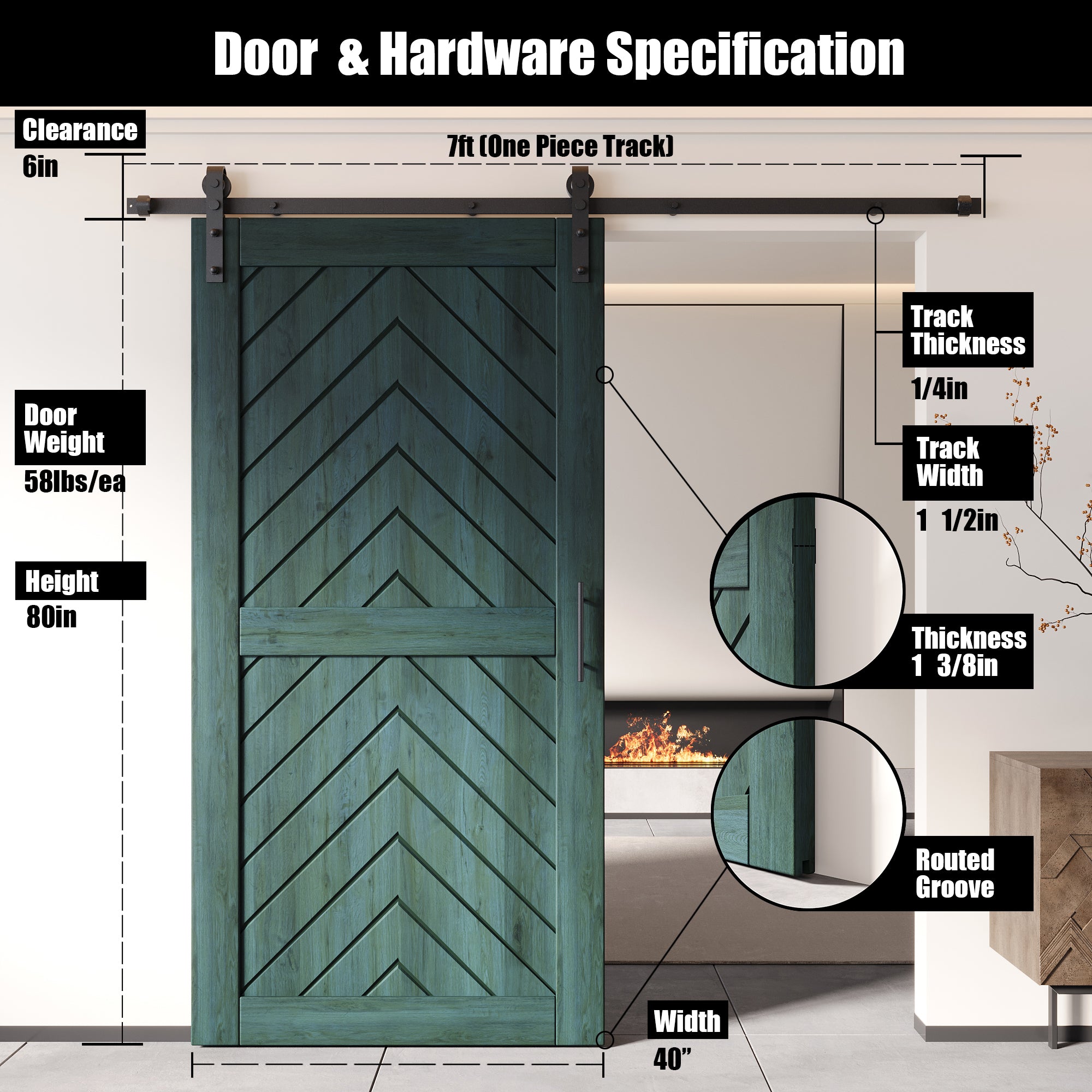80" Height Royal Pine Fishbone Design Unassembled & Finished Pine Wood Barn Door with Non-Bypass Installation Hardware Kit(Interior Use Only)