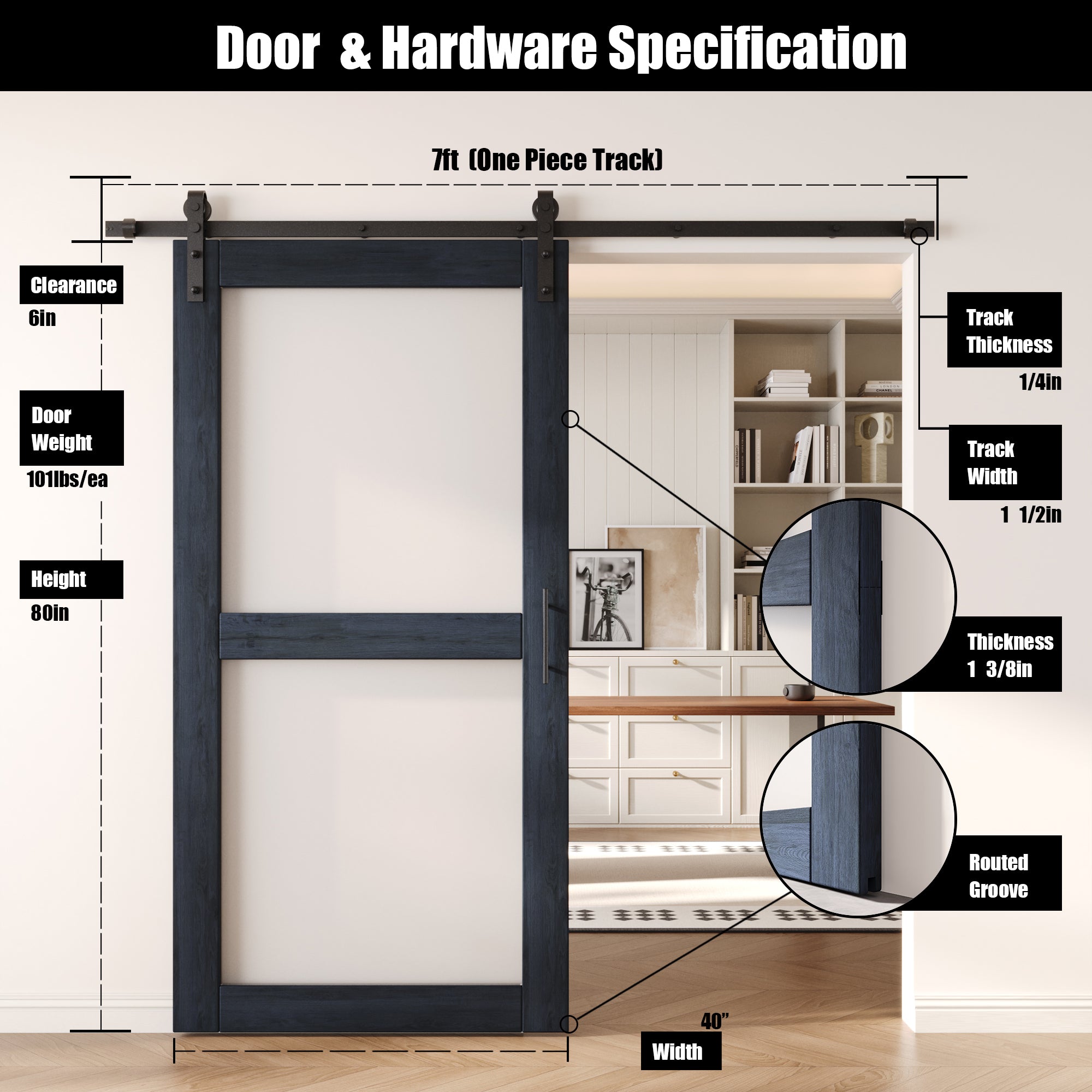 80" Height Navy 2-Lite Frosted Glass Unassembled & Finished Pine Wood Barn Door with Non-Bypass Installation Hardware Kit (Interior Use Only)