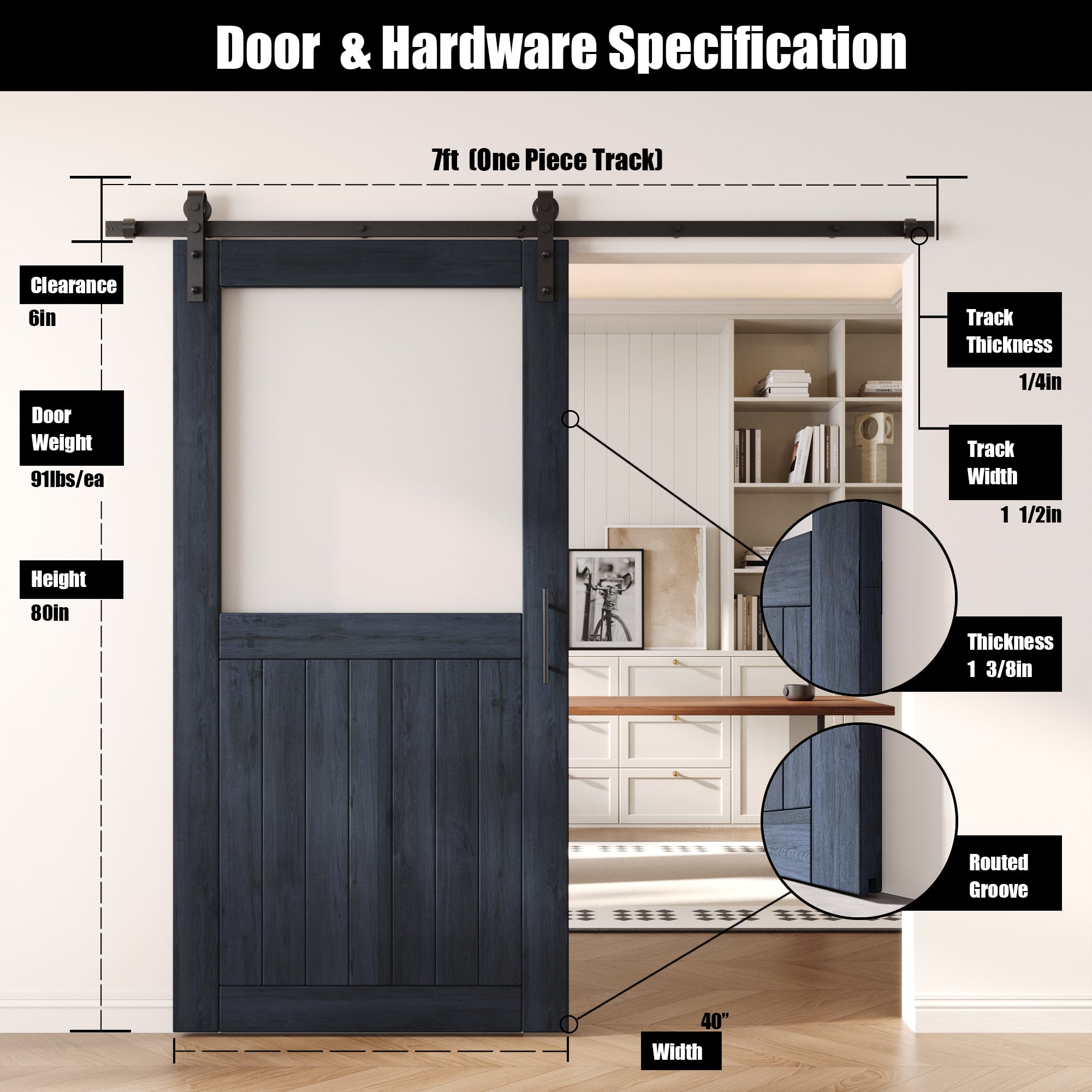 80" Height Navy Half Lite Frosted Glass Unassembled & Finished Pine Wood Barn Door with Non-Bypass Installation Hardware Kit (Interior Use Only)