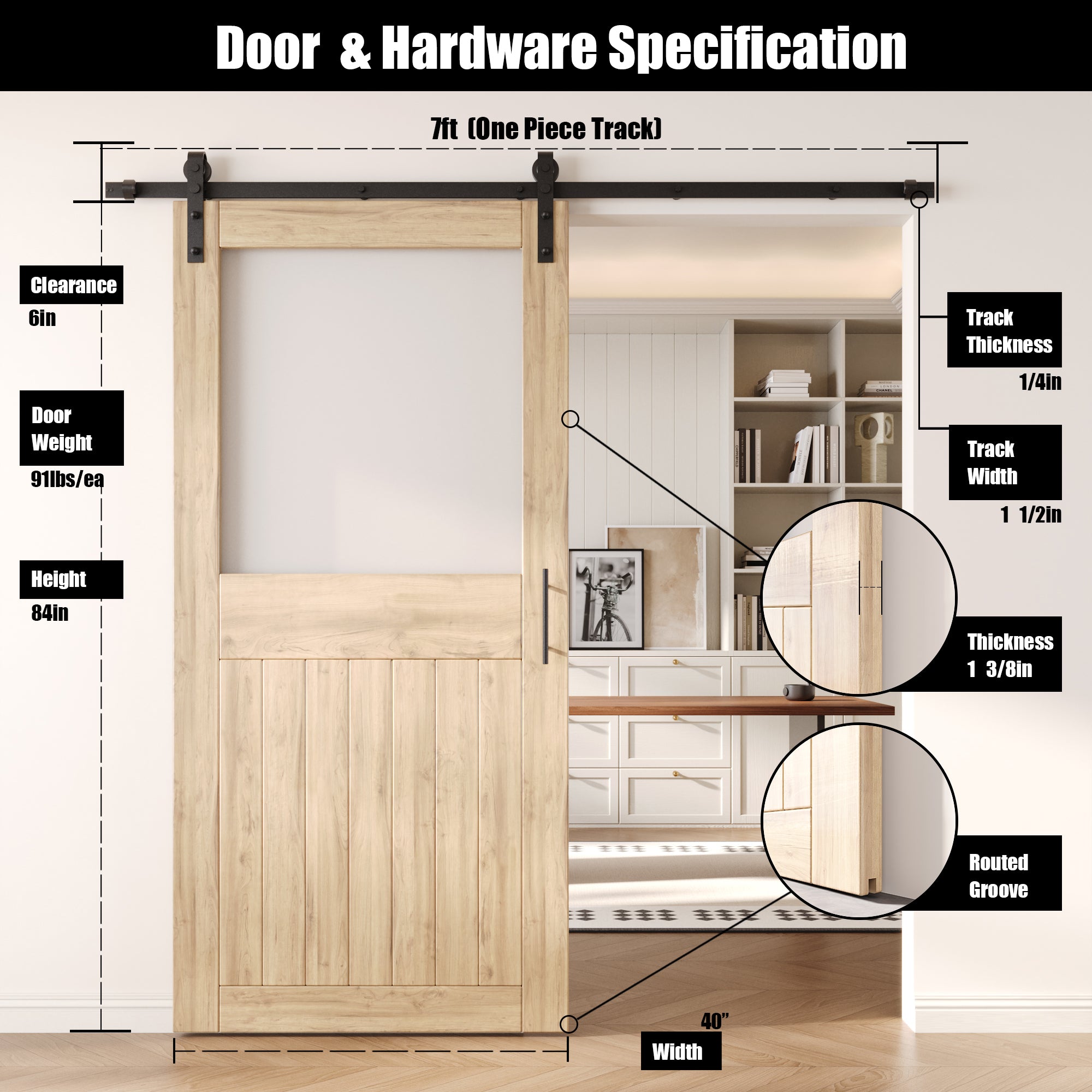 84" Height Half Lite Frosted Glass Unassembled & Unfinished Pine Wood Barn Door with Non-Bypass Installation Hardware Kit (Interior Use Only)