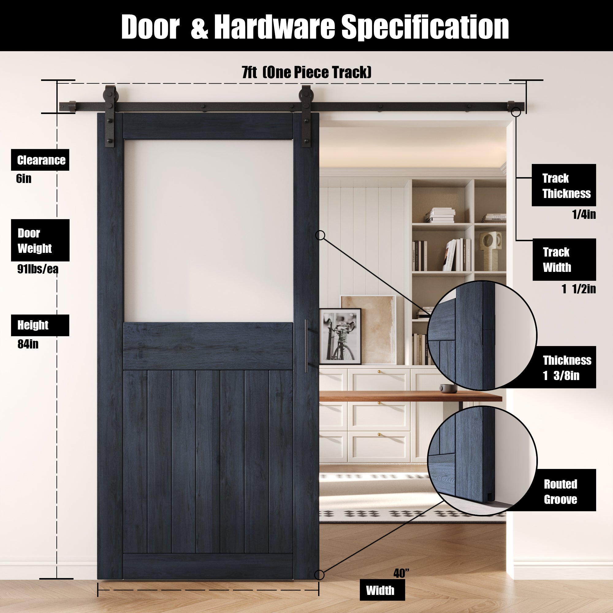 84" Height Navy Half Lite Frosted Glass Unassembled & Finished Pine Wood Barn Door with Non-Bypass Installation Hardware Kit (Interior Use Only)