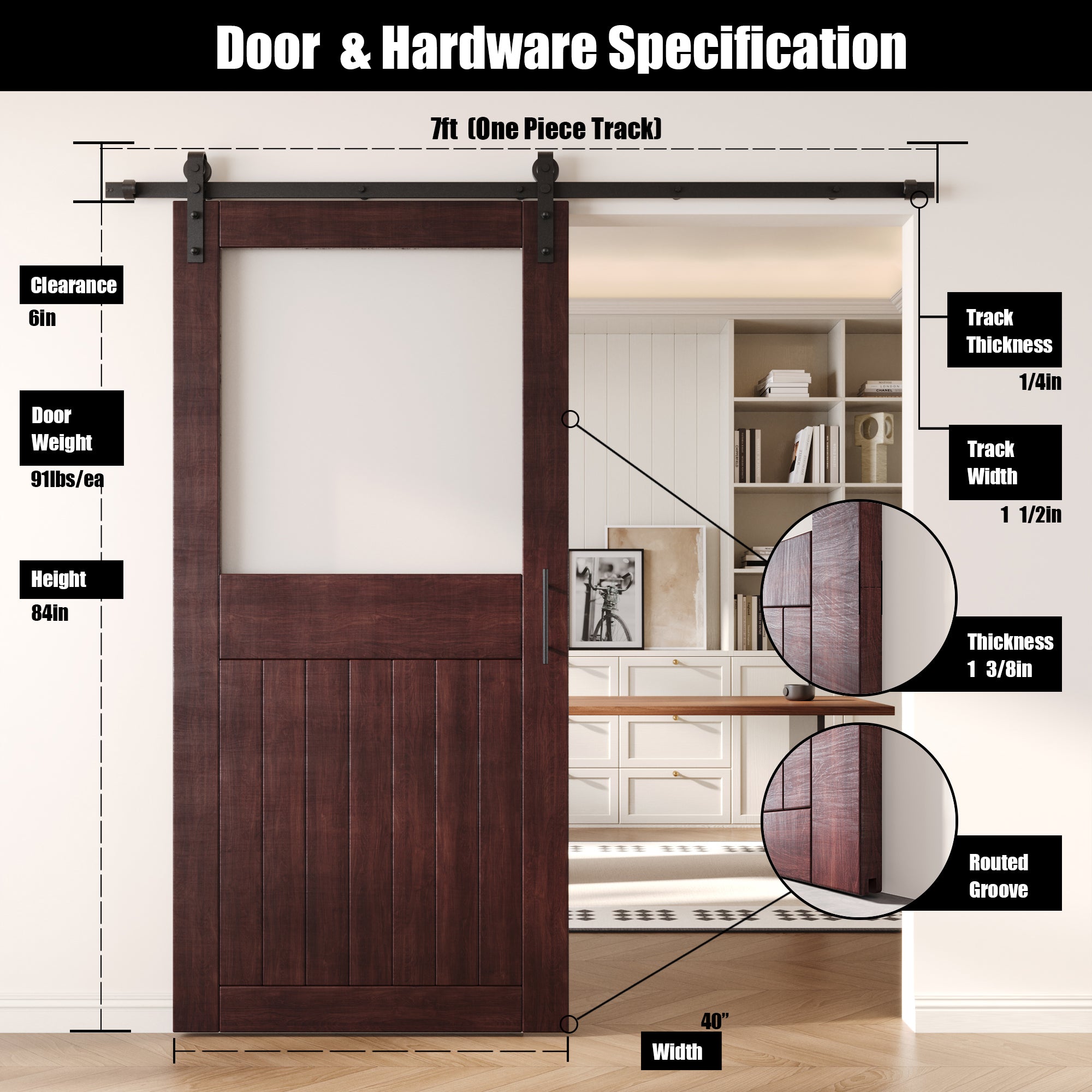 84" Height Red Mahogany Half Lite Frosted Glass Unassembled & Finished Pine Wood Barn Door with Non-Bypass Installation Hardware Kit (Interior Use Only)