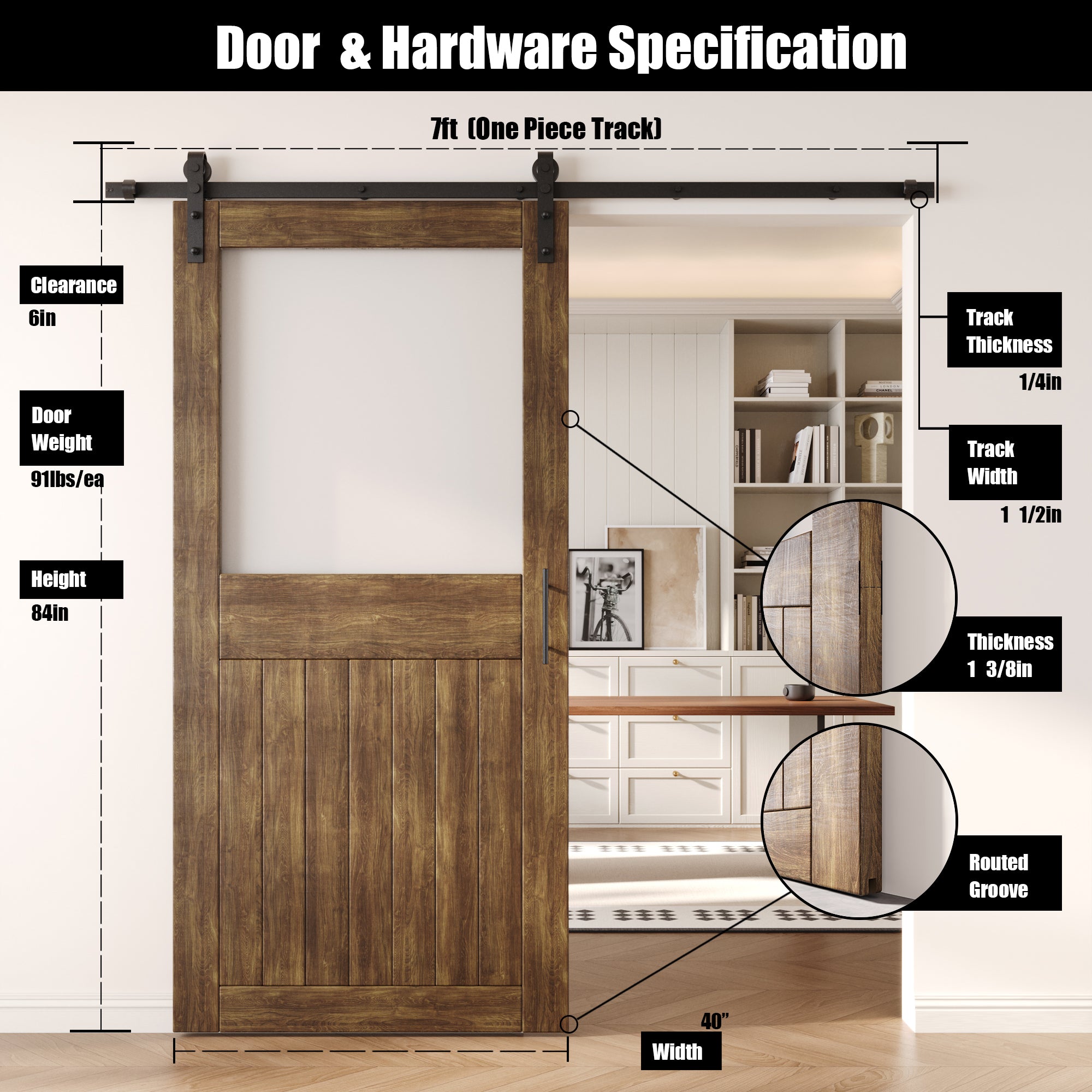 84" Height Dark Walnut Half Lite Frosted Glass Unassembled & Finished Pine Wood Barn Door with Non-Bypass Installation Hardware Kit (Interior Use Only)
