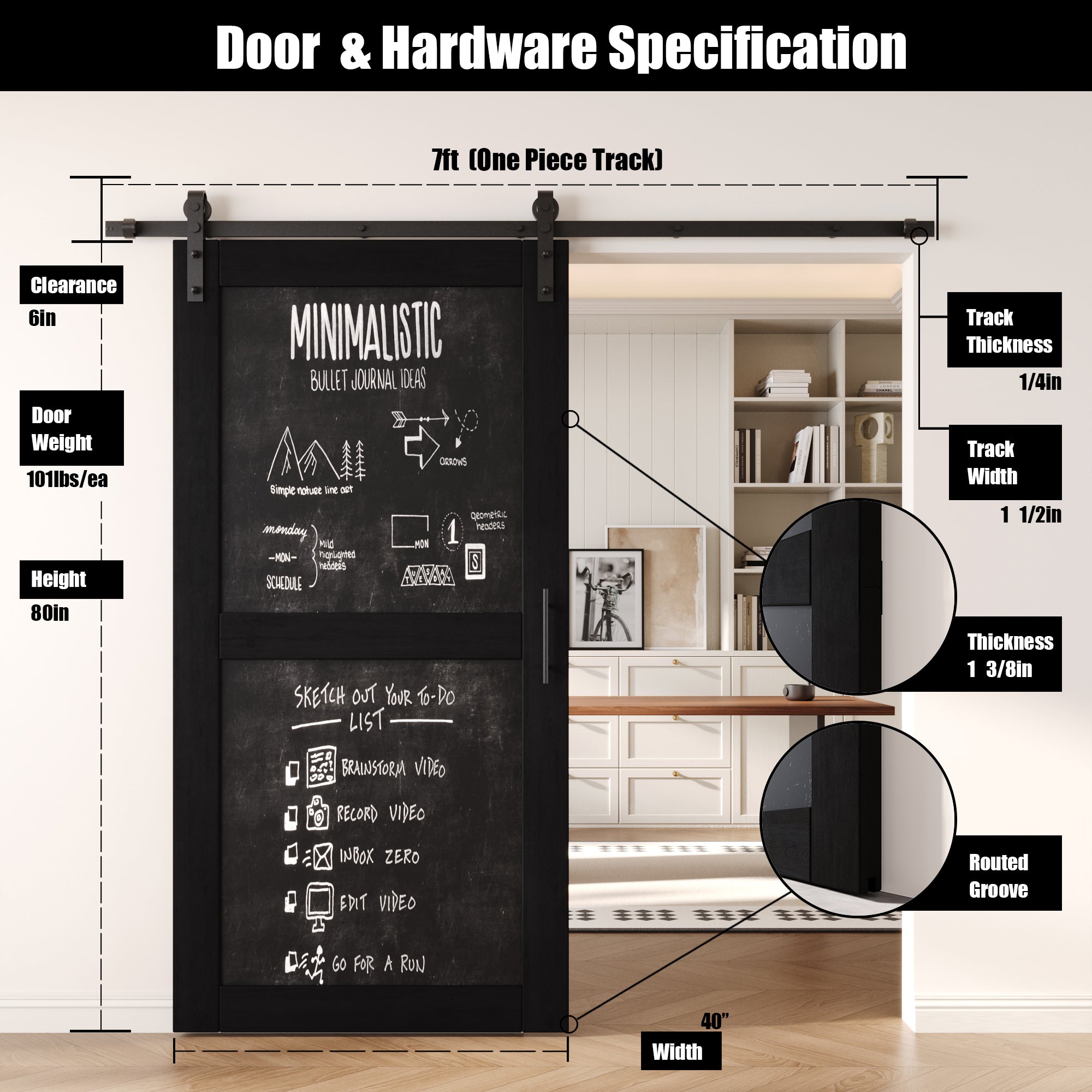 80" Height Black Chalkboard Design Unassembled & Finished Pine Wood Barn Door with Non-Bypass Installation Hardware Kit (Interior Use Only)