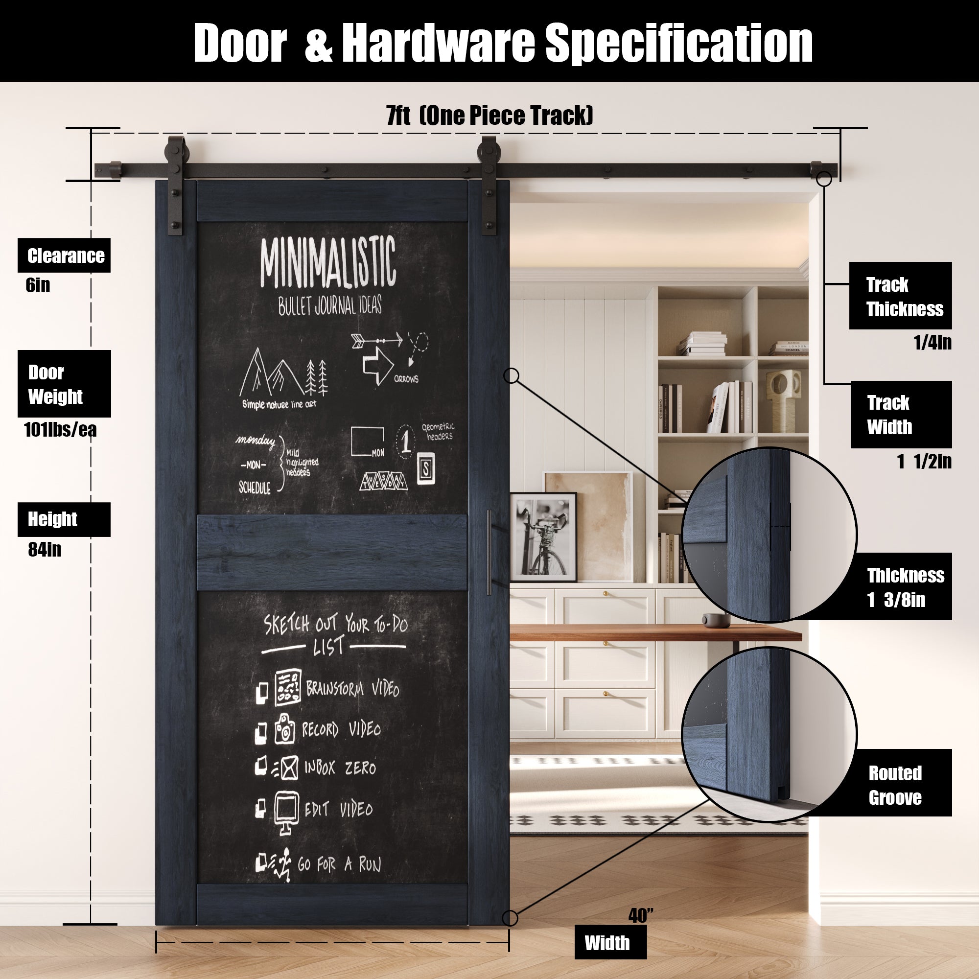 84" Height Navy Chalkboard Design Unassembled & Finished Pine Wood Barn Door with Non-Bypass Installation Hardware Kit (Interior Use Only)