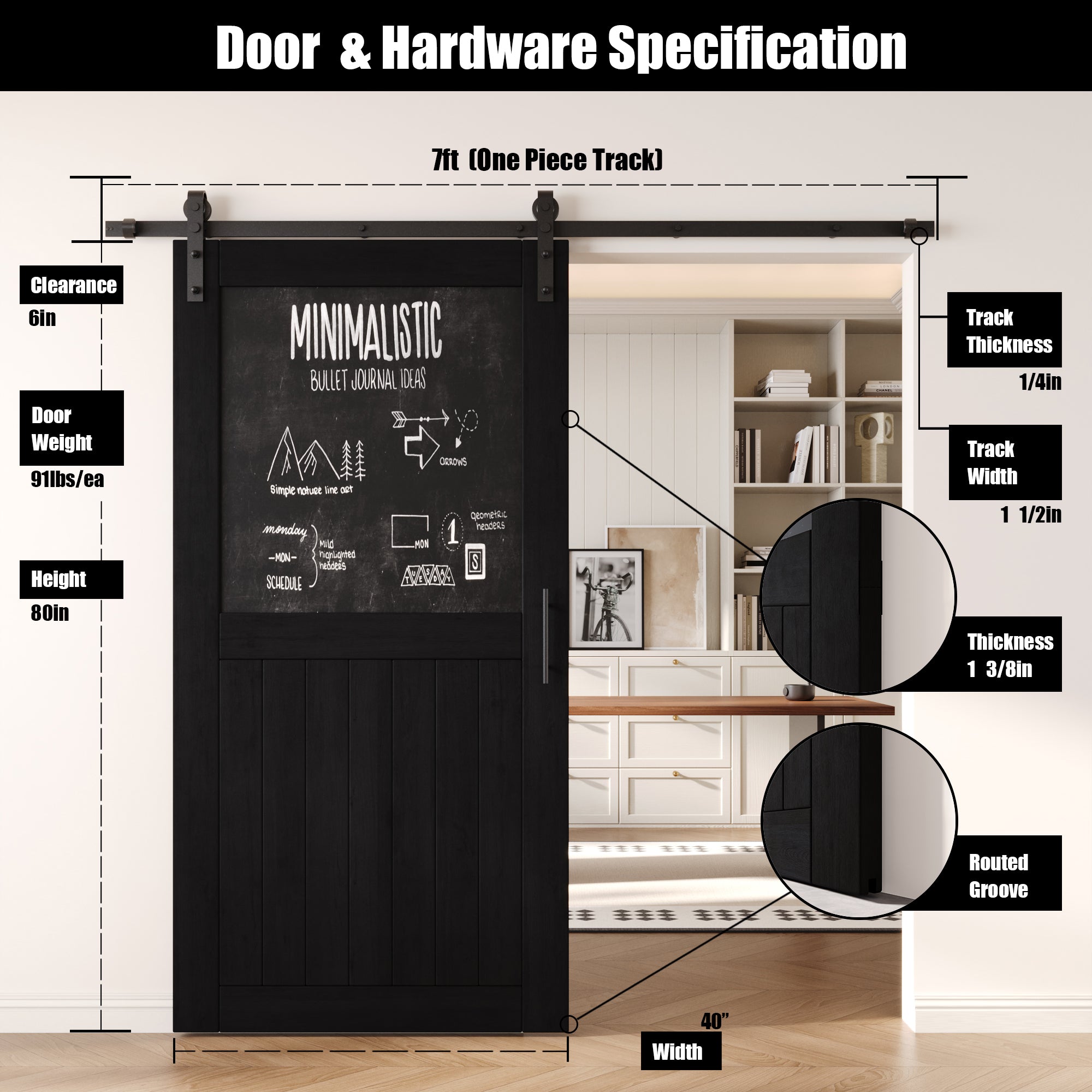 80" Height Black Top Chalkboard Panel Unassembled & Finished Pine Wood Barn Door with Non-Bypass Installation Hardware Kit (Interior Use Only)