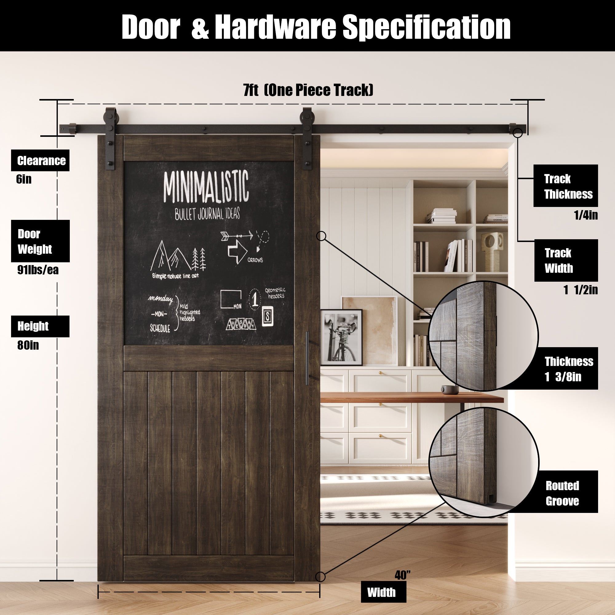 80" Height Ebony Top Chalkboard Panel Unassembled & Finished Pine Wood Barn Door with Non-Bypass Installation Hardware Kit (Interior Use Only)
