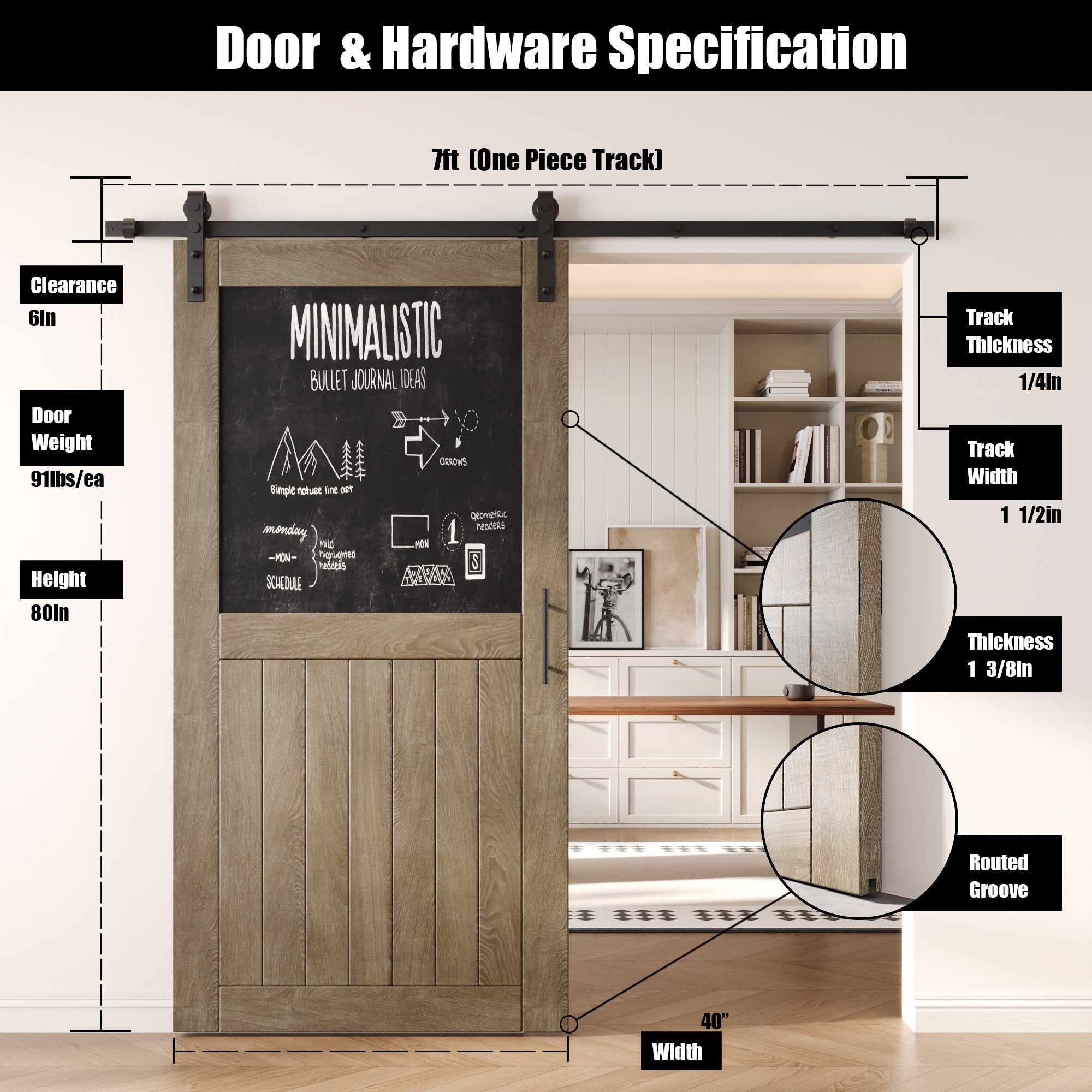 80" Height Classic Gray Top Chalkboard Panel Unassembled & Finished Pine Wood Barn Door with Non-Bypass Installation Hardware Kit (Interior Use Only)