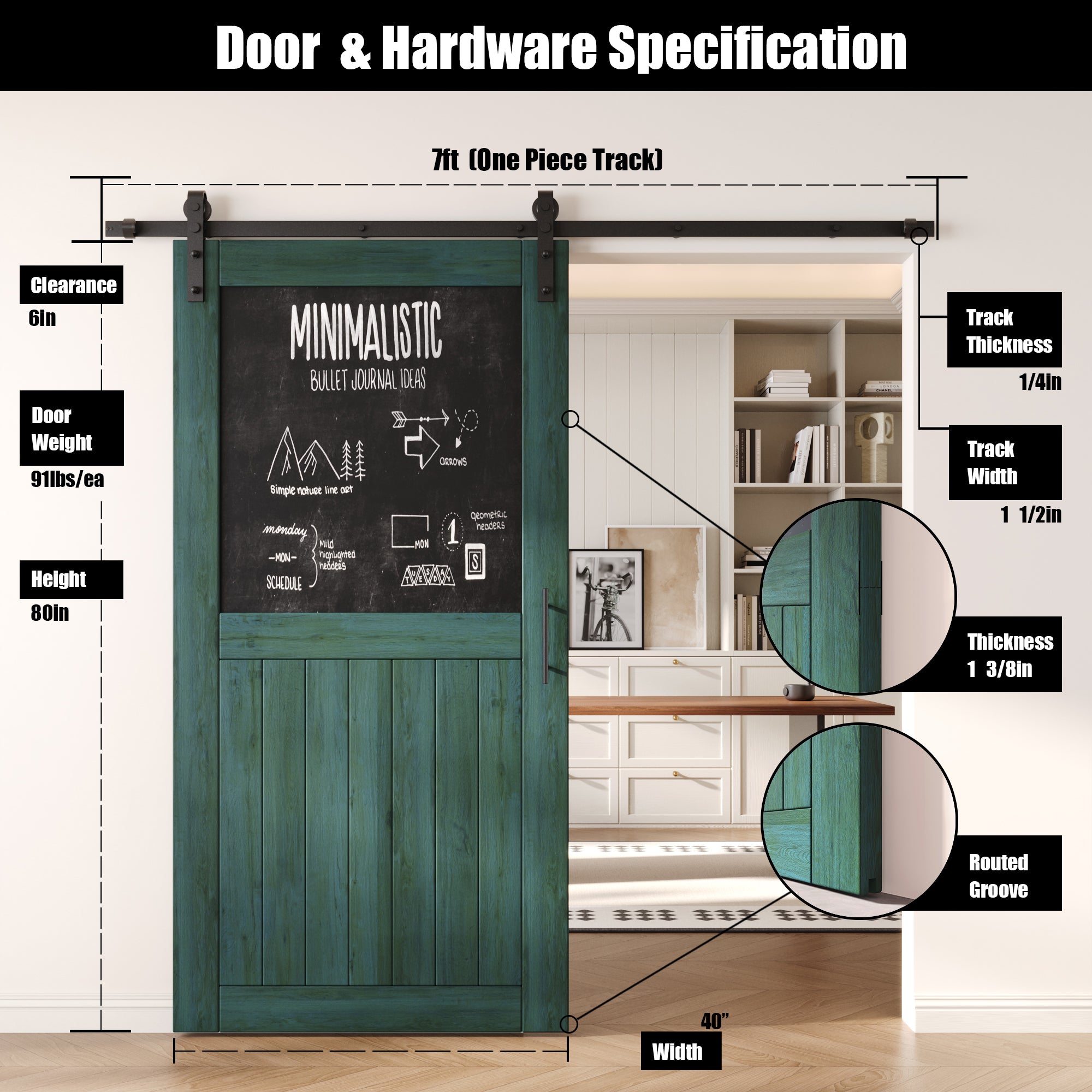 80" Height Royal Pine Top Chalkboard Panel Unassembled & Finished Pine Wood Barn Door with Non-Bypass Installation Hardware Kit (Interior Use Only)