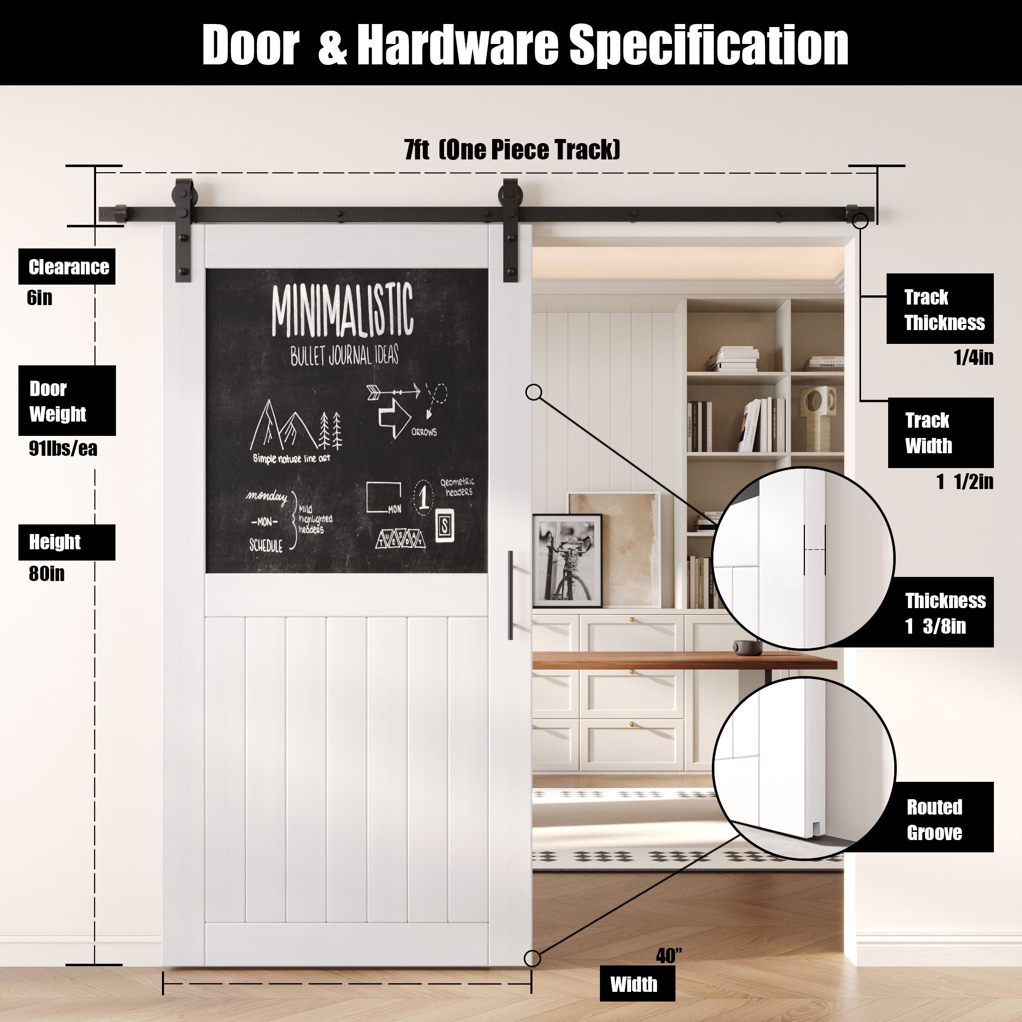 80" Height White Top Chalkboard Panel Unassembled & Finished Pine Wood Barn Door with Non-Bypass Installation Hardware Kit (Interior Use Only)