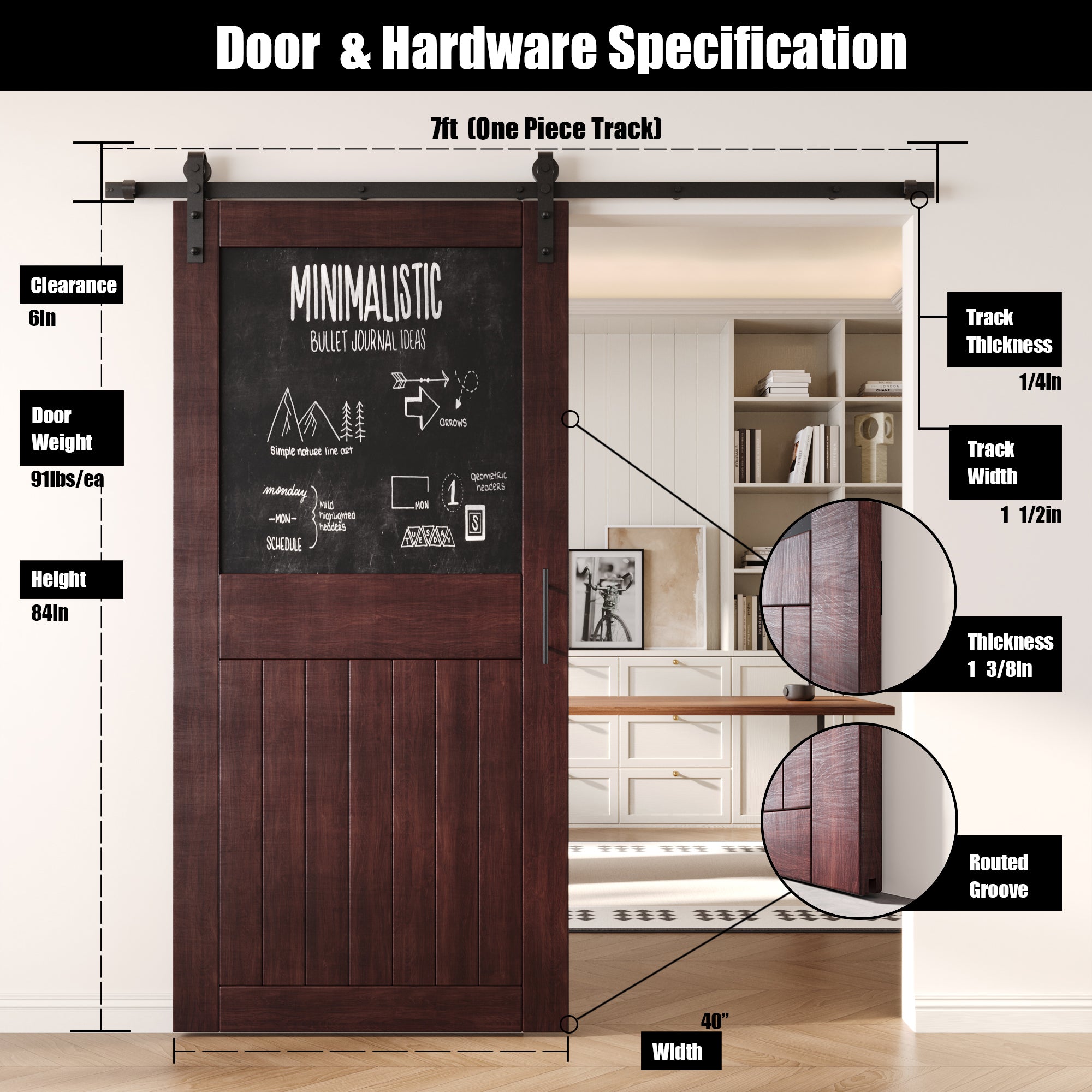84" Height Red Mahogany Top Chalkboard Panel Unassembled & Finished Pine Wood Barn Door with Non-Bypass Installation Hardware Kit (Interior Use Only)