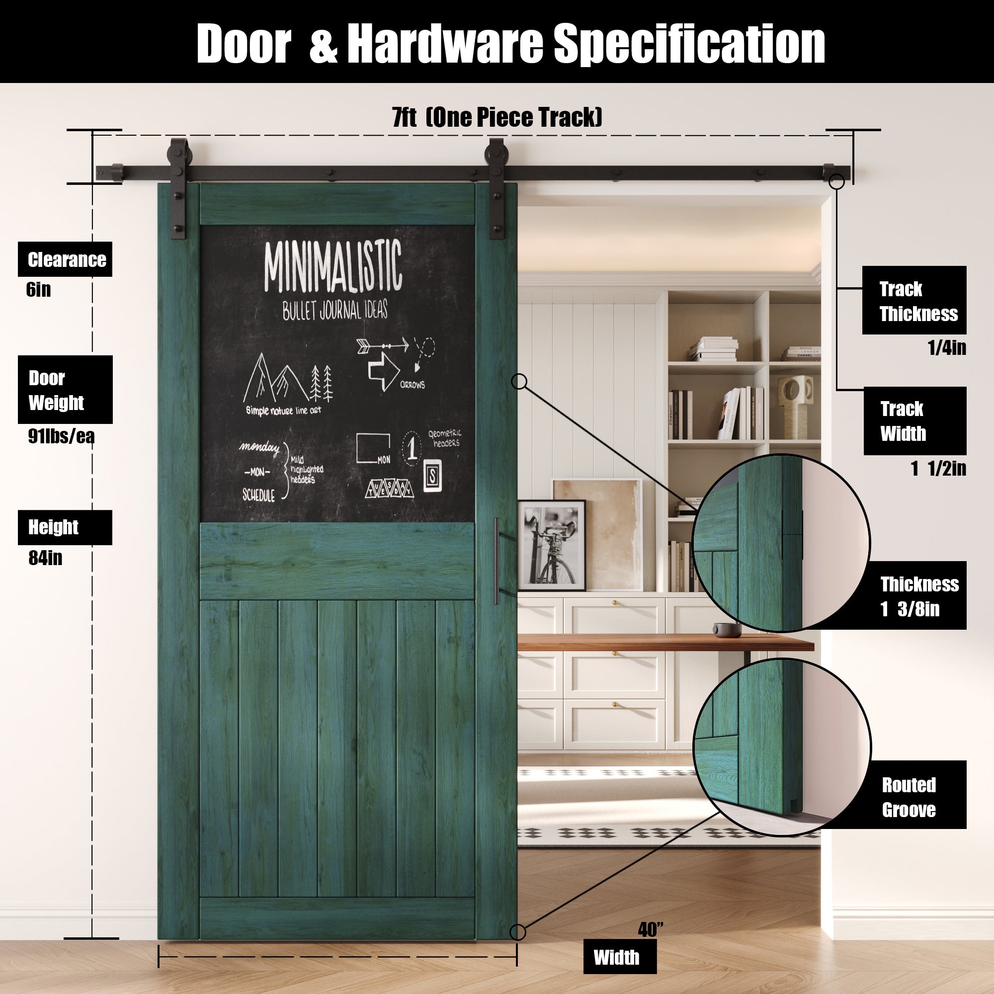 84" Height Royal Pine Top Chalkboard Panel Unassembled & Finished Pine Wood Barn Door with Non-Bypass Installation Hardware Kit (Interior Use Only)