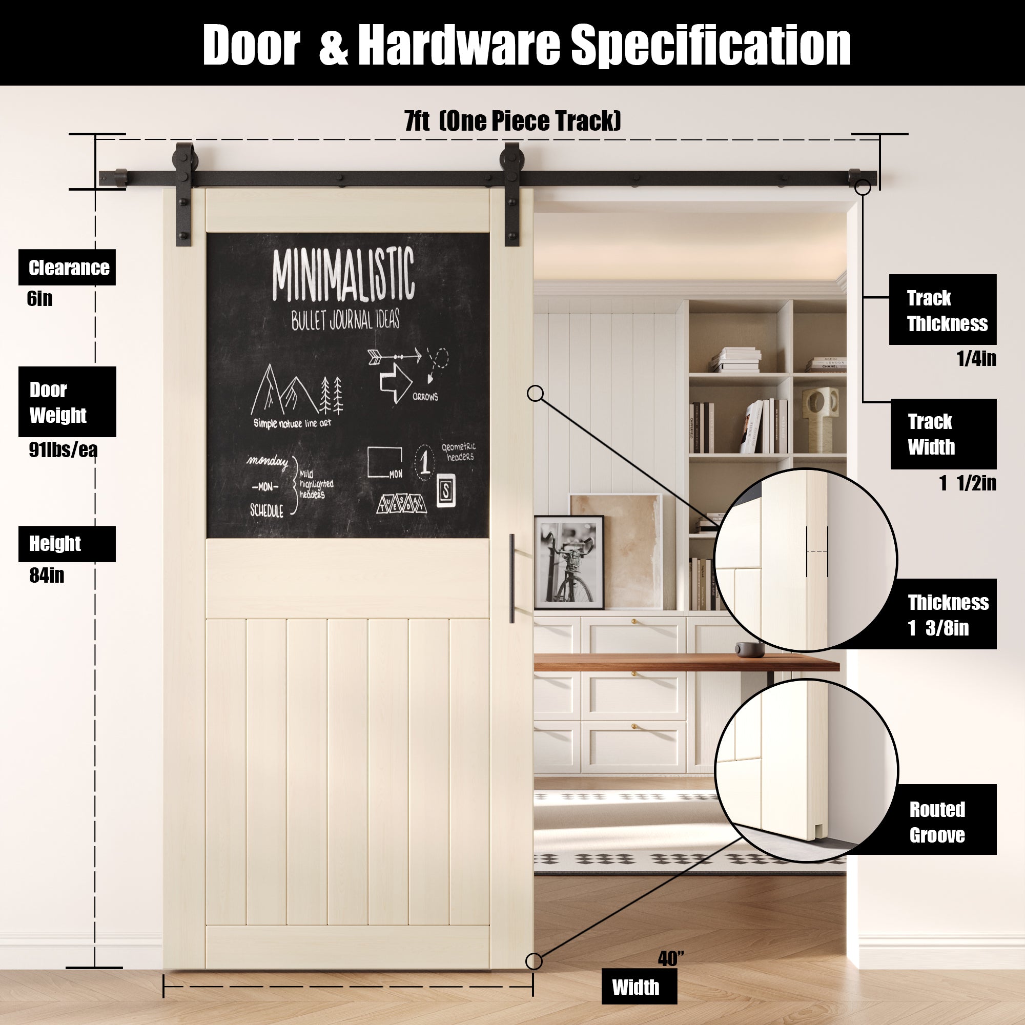84" Height Tinsmith Gray Top Chalkboard Panel Unassembled & Finished Pine Wood Barn Door with Non-Bypass Installation Hardware Kit (Interior Use Only)