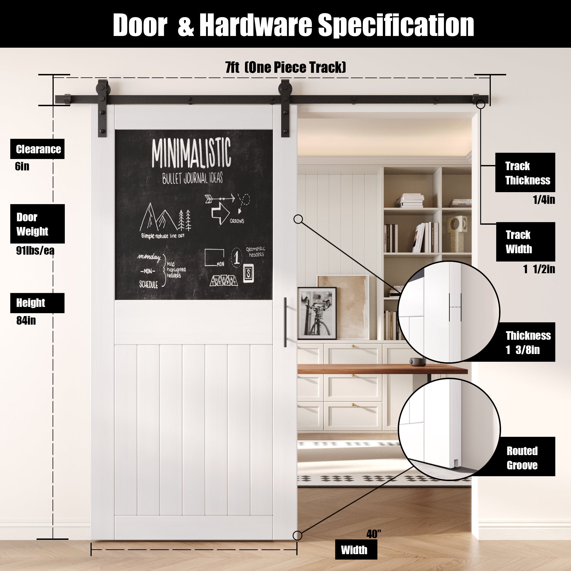 84" Height White Top Chalkboard Panel Unassembled & Finished Pine Wood Barn Door with Non-Bypass Installation Hardware Kit (Interior Use Only)